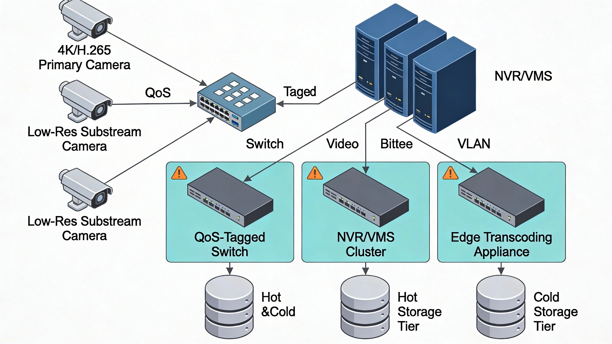 Surveillance system topology with compression bitrate flows