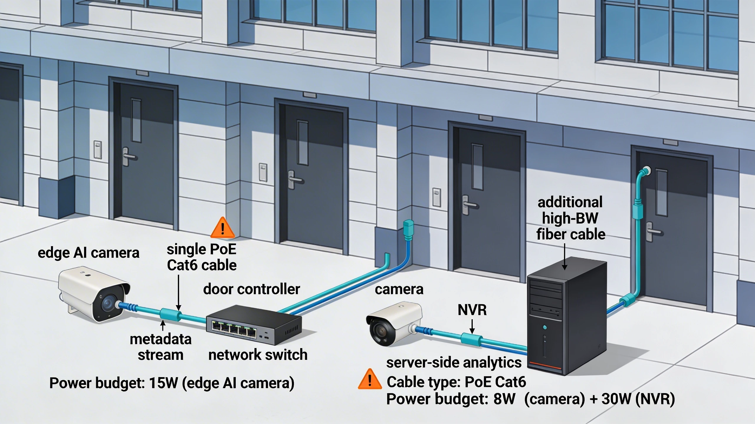Wiring diagram: edge AI vs. server-side in a building access setup