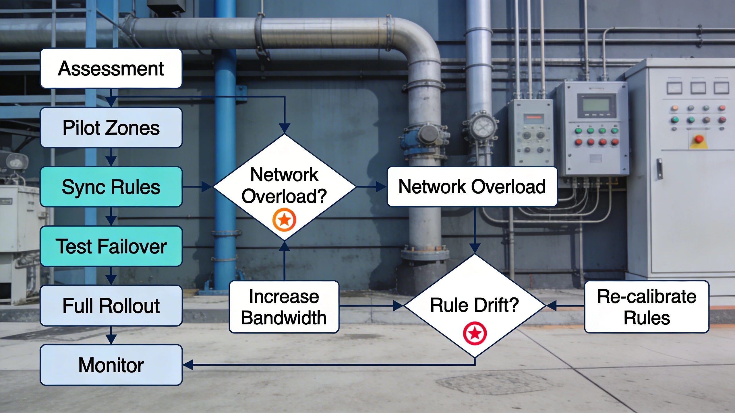 Migration flowchart from central to edge processing with common failure points
