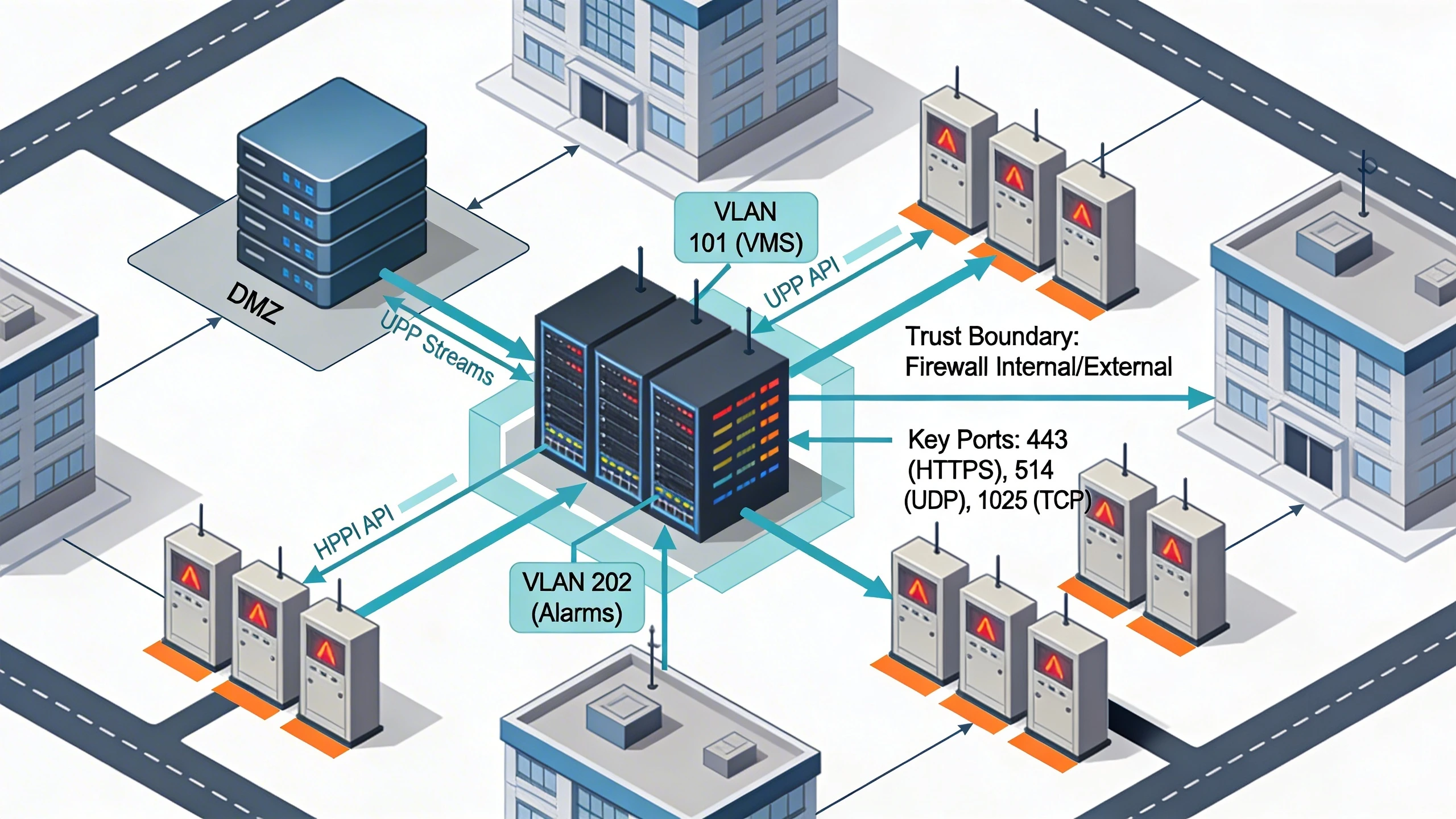 Campus network topology diagram for VMS-alarm-firewall integration