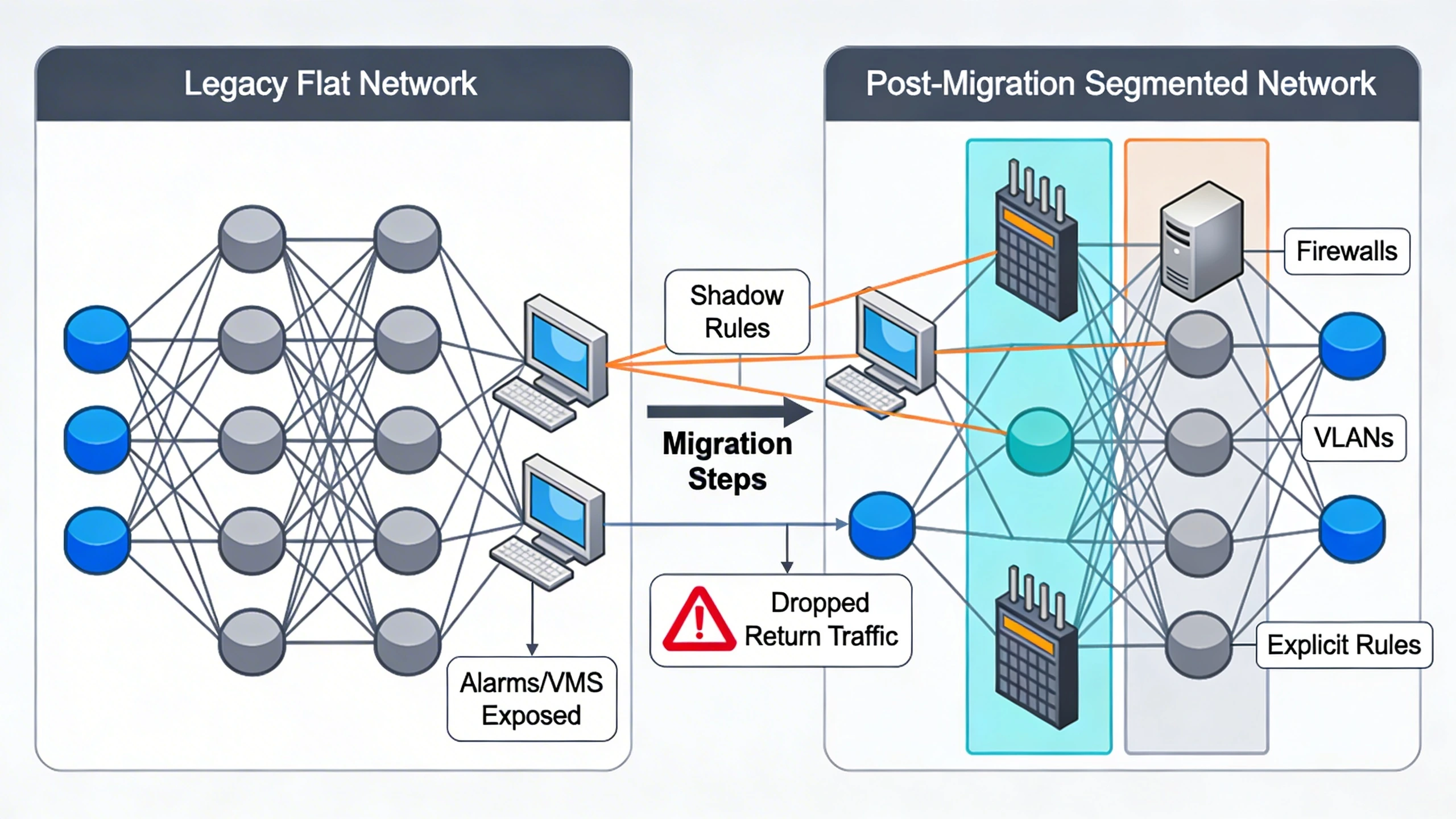 Migration diagram from permissive to rule-based VMS-alarm network