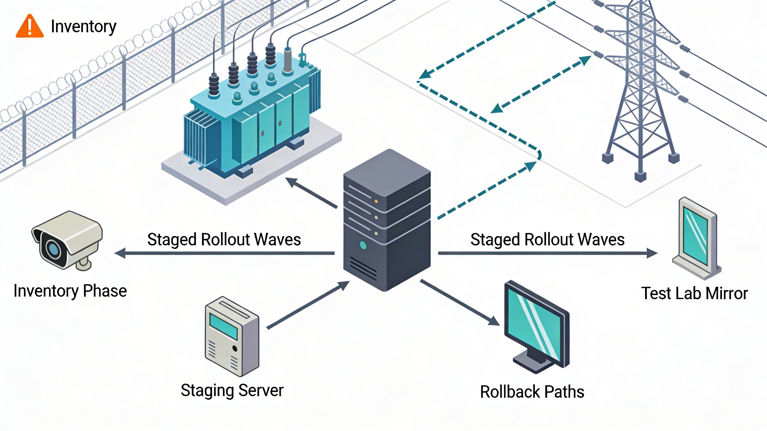 Firmware lifecycle stages diagram for utility substation retrofit