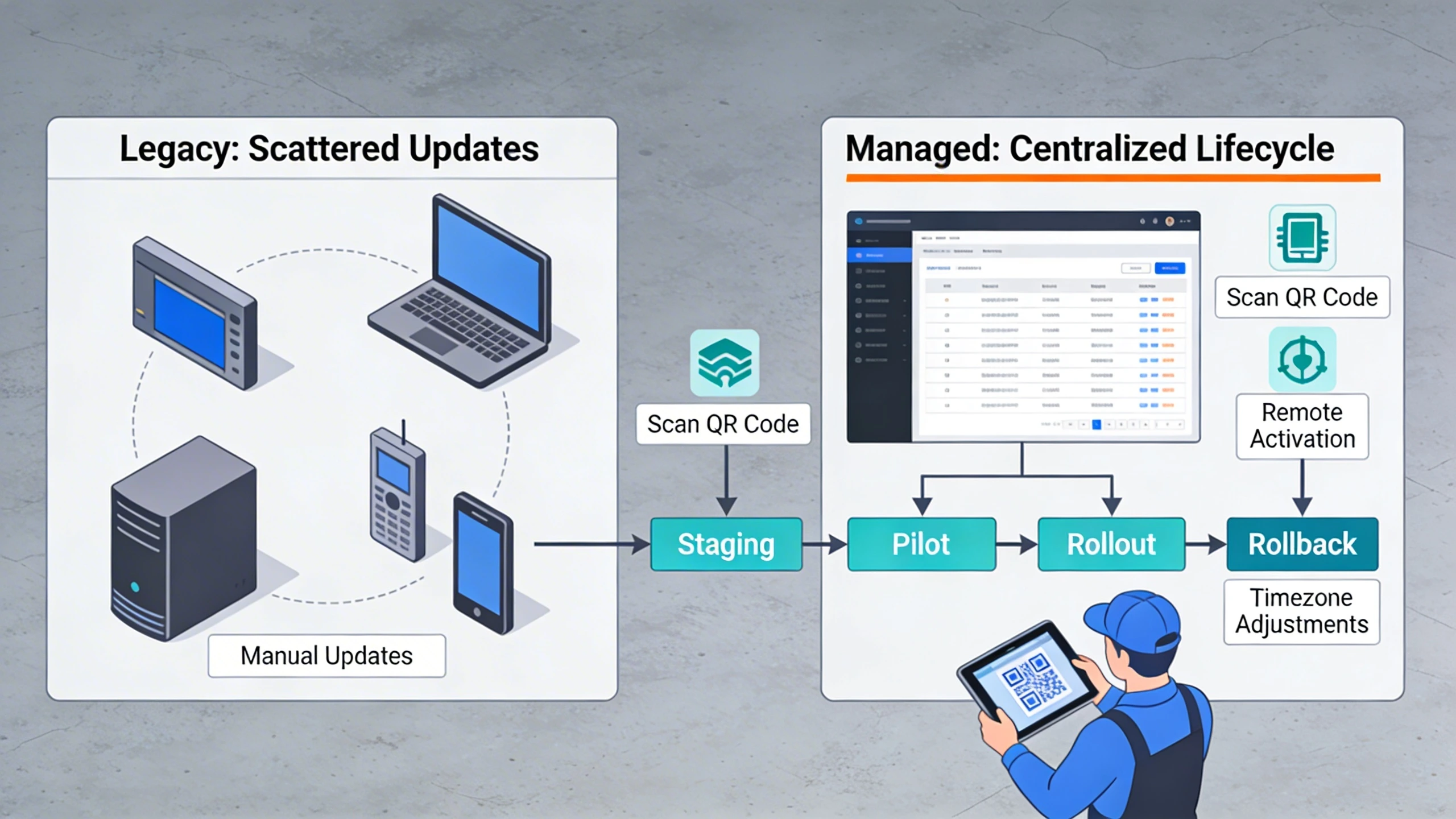 Firmware migration workflow diagram for security device deployments