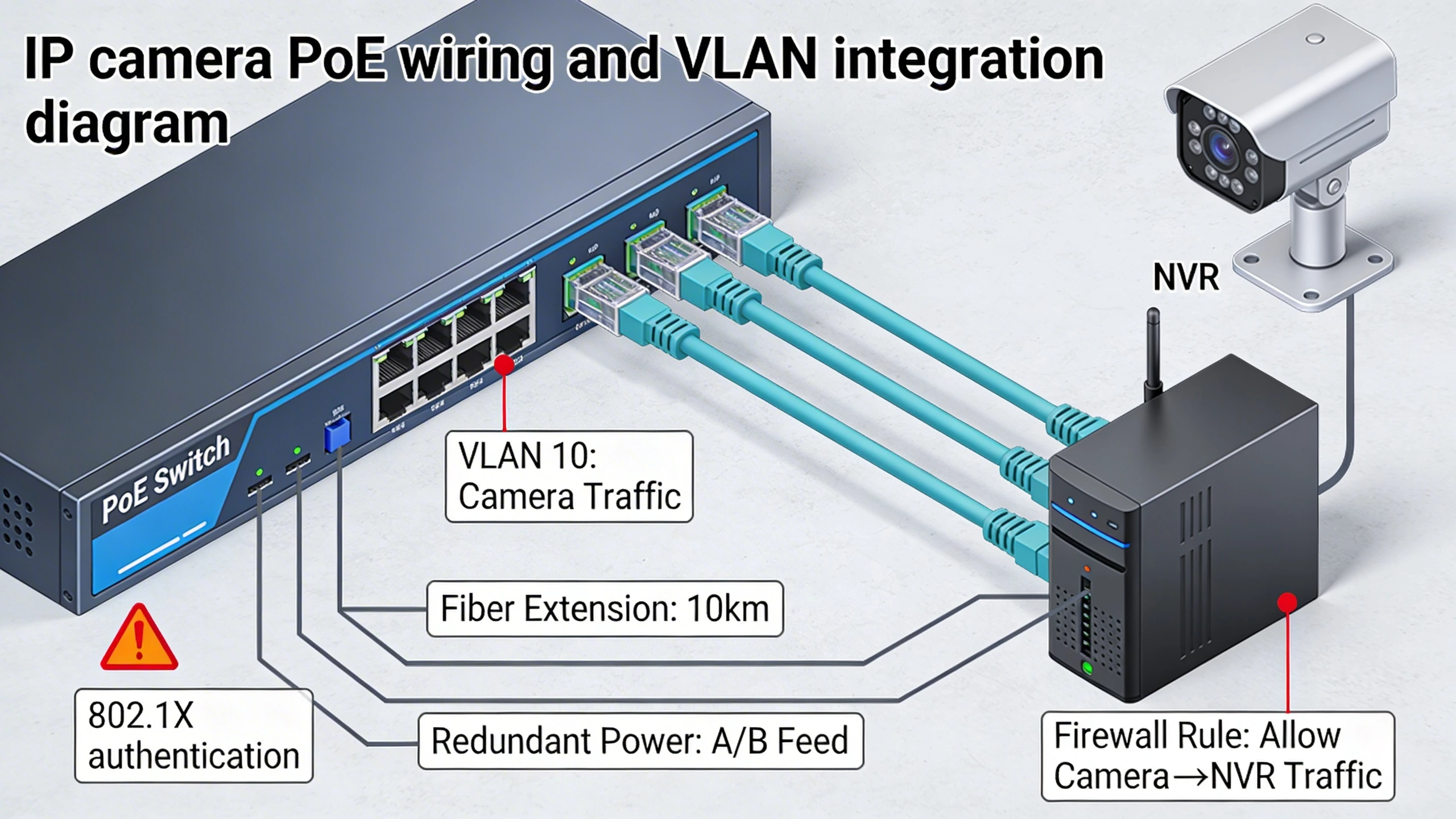 IP camera PoE wiring and VLAN integration diagram
