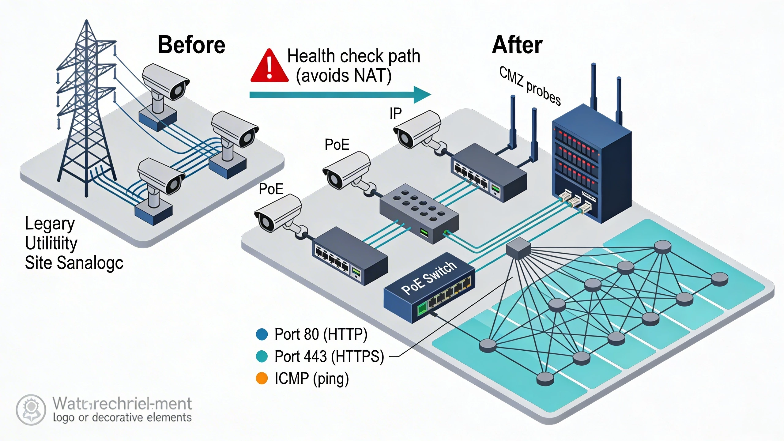 Utility site migration diagram with health check wiring and firewall integration