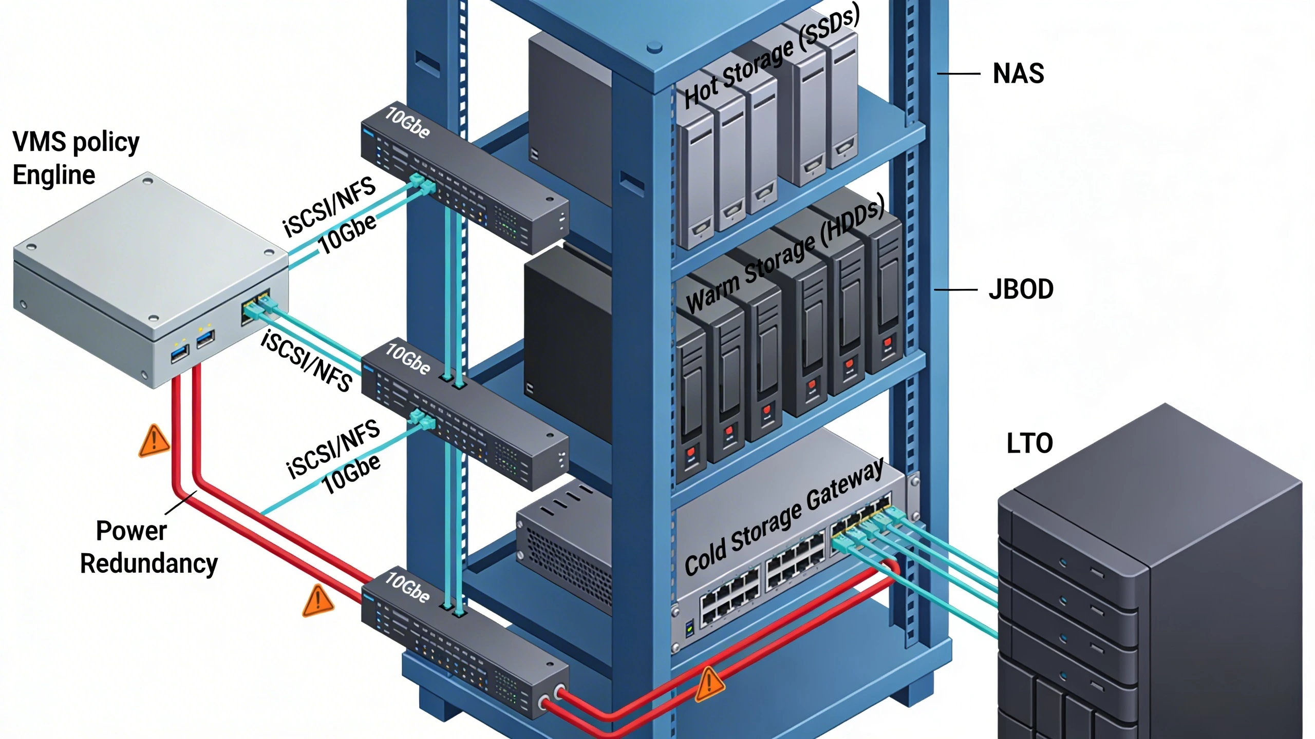 Wiring diagram for hot-warm-cold storage integration in NVR rack