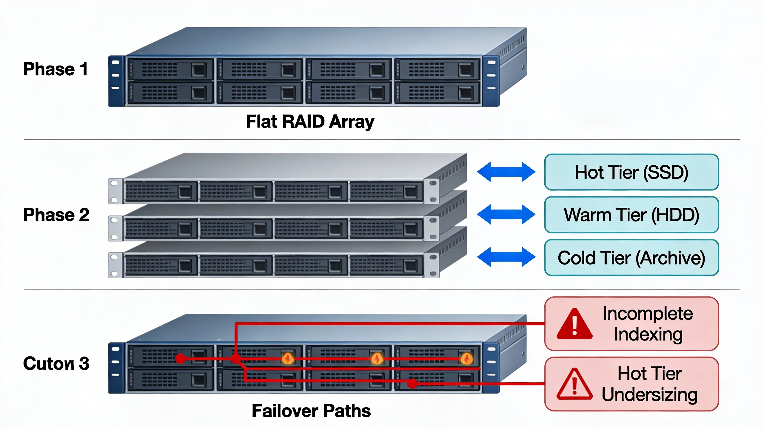 Step-by-step migration diagram from monolithic to tiered storage