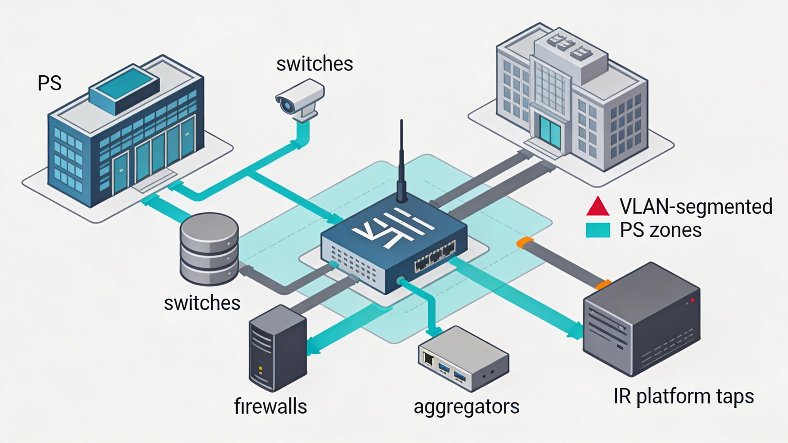 Topology diagram of converged security network on a campus