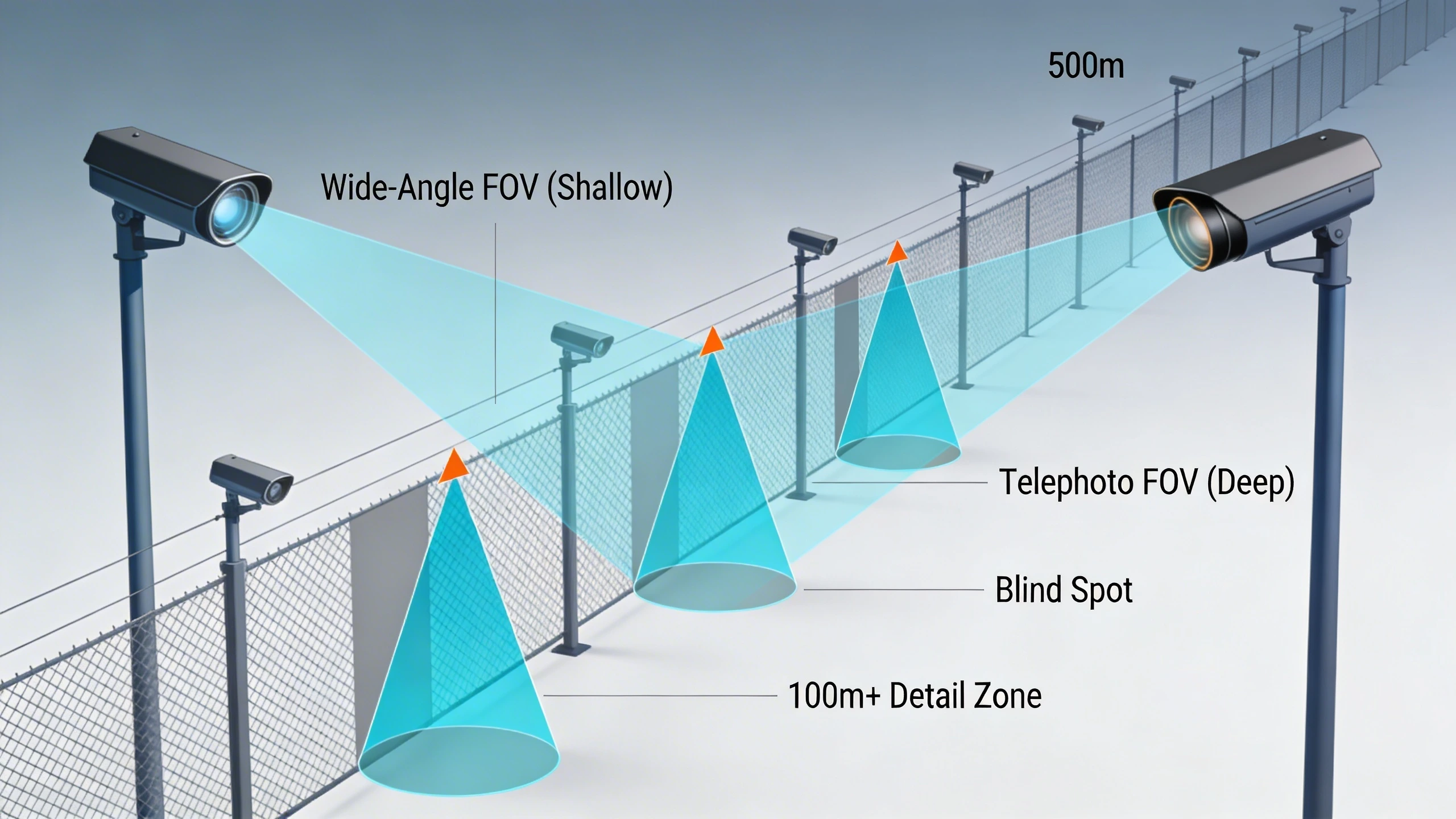 Diagram comparing lens FOV coverage along a perimeter fence