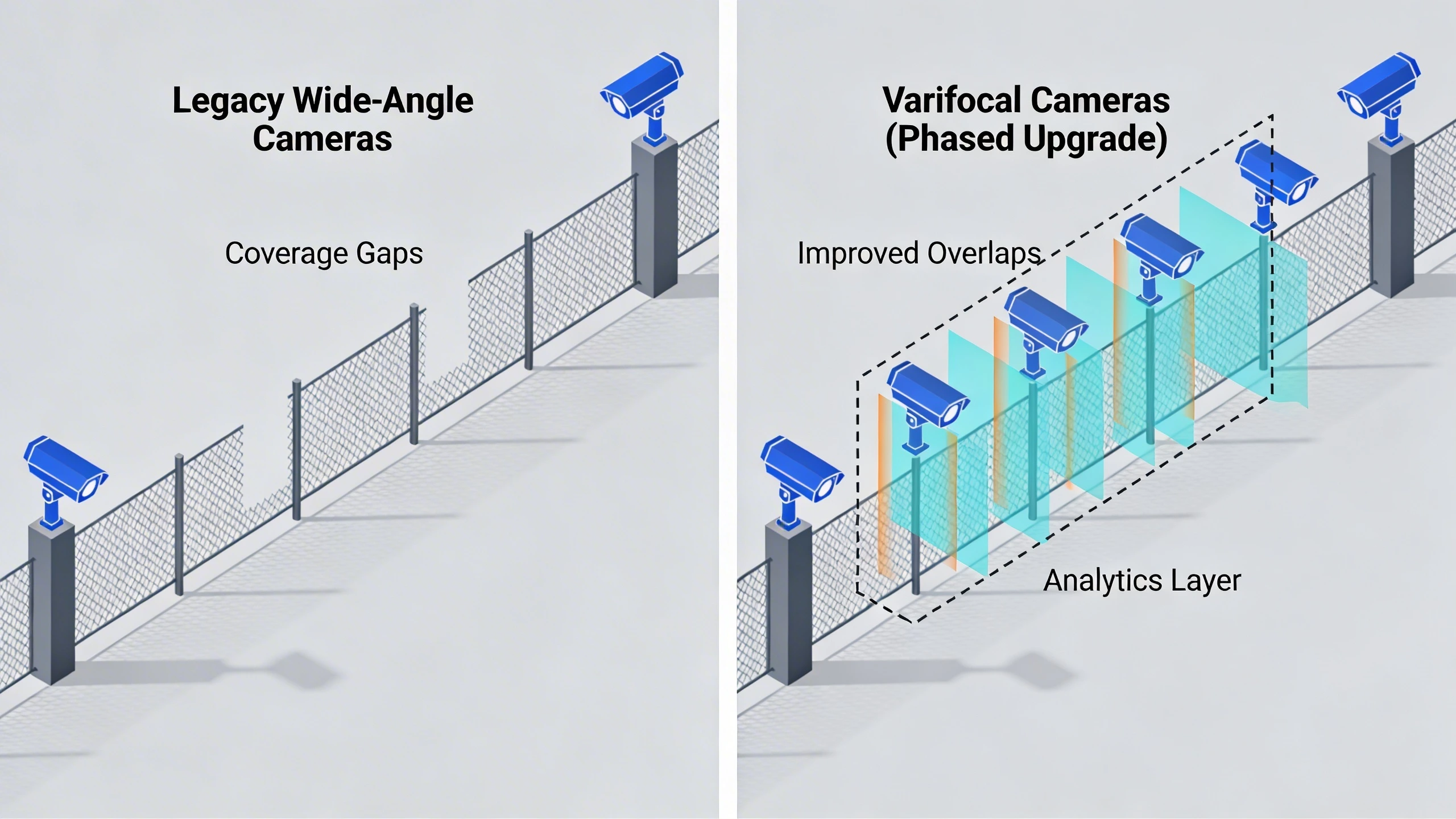 Migration diagram for lens upgrade on long fence lines