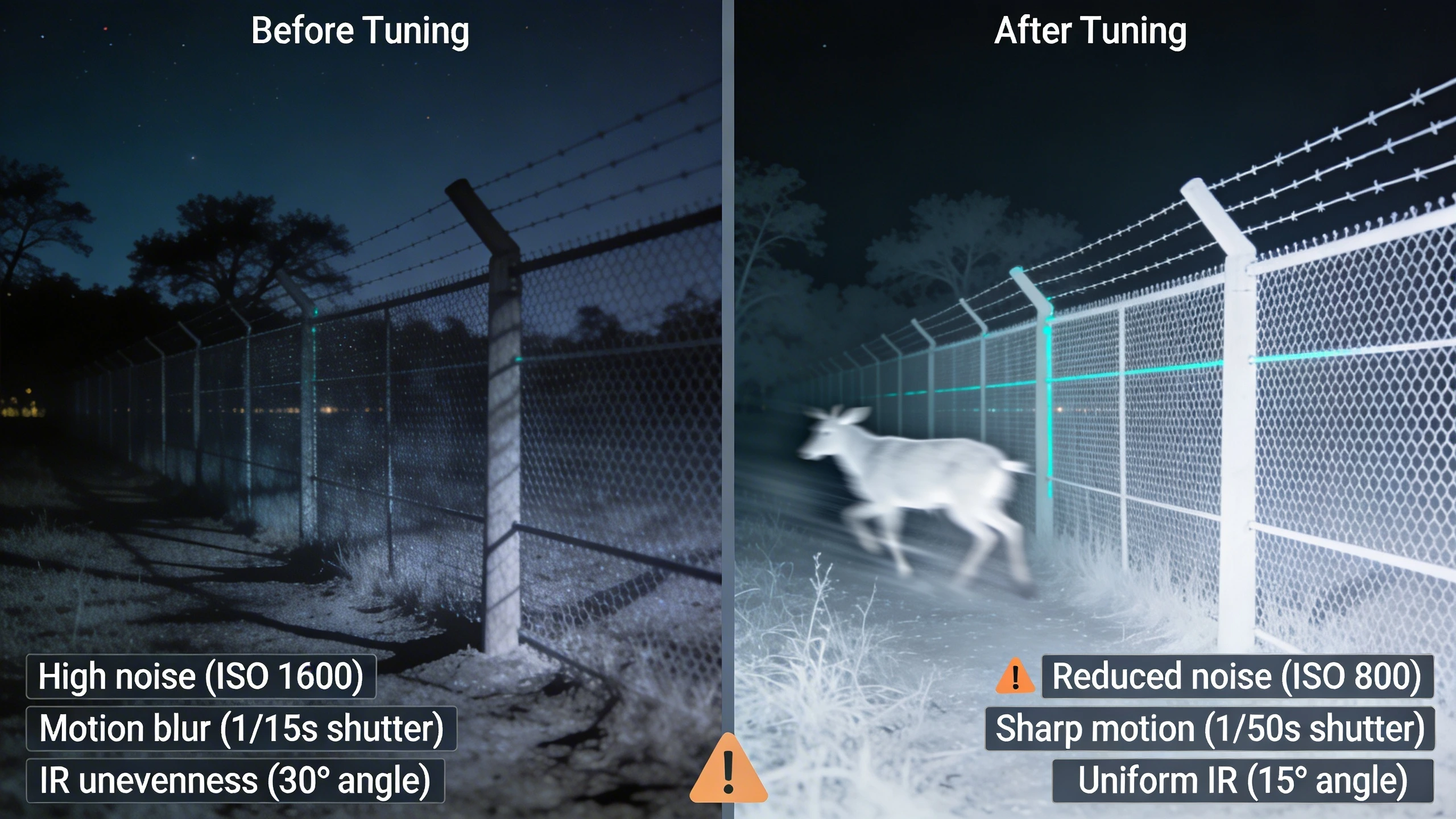 Before-and-after low-light tuning migration diagram for perimeter surveillance