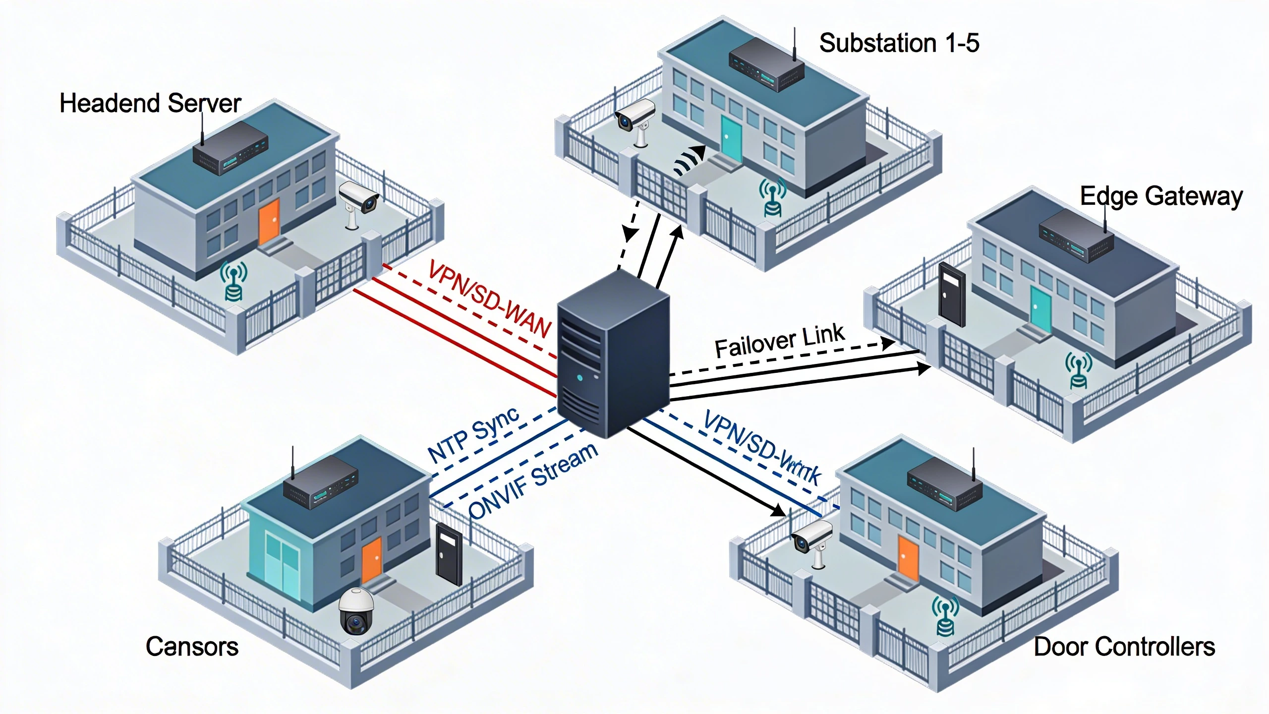 Multi-site security topology diagram with central headend and distributed edge nodes