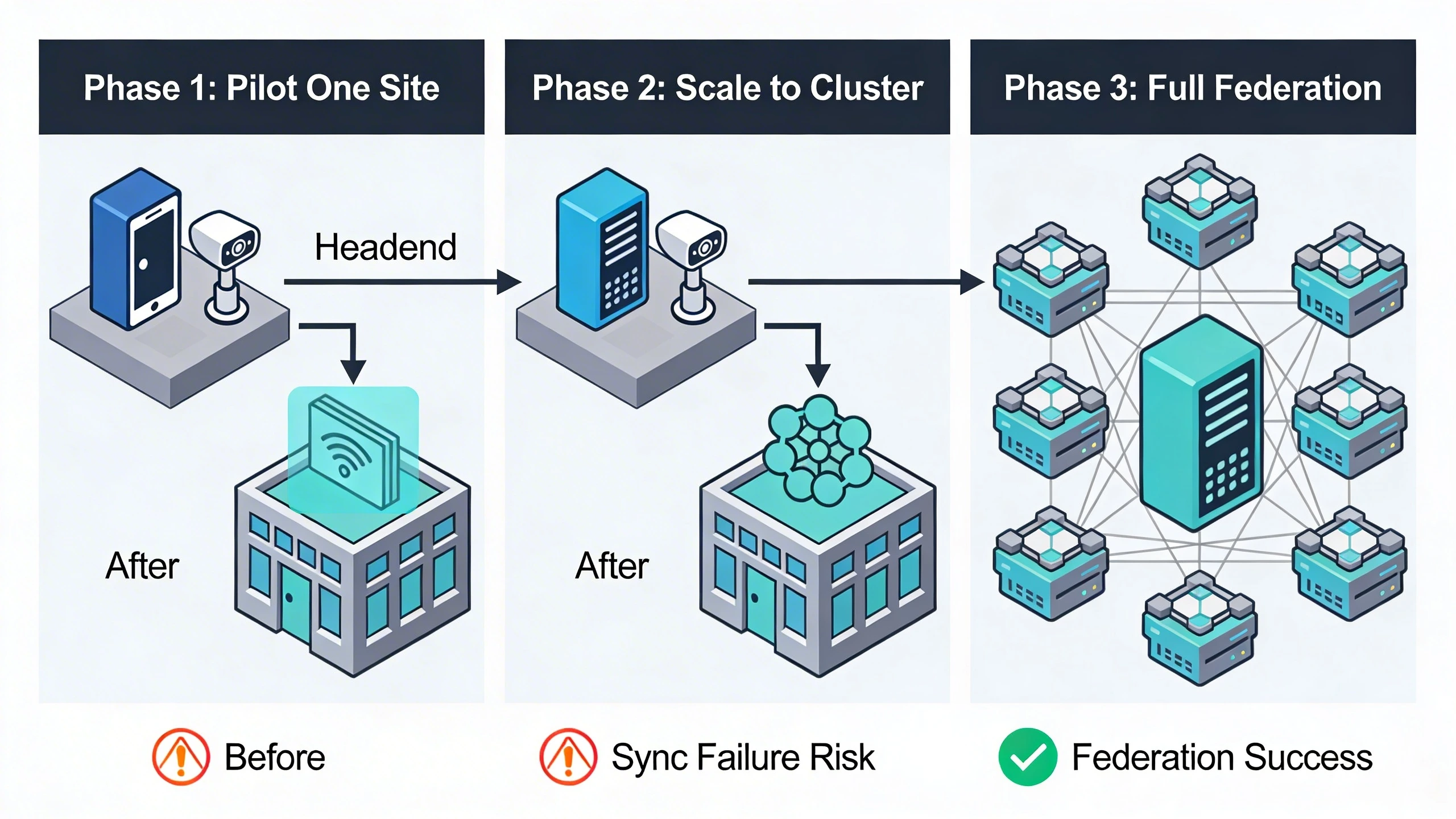 Phased migration diagram for multi-site security architecture rollout