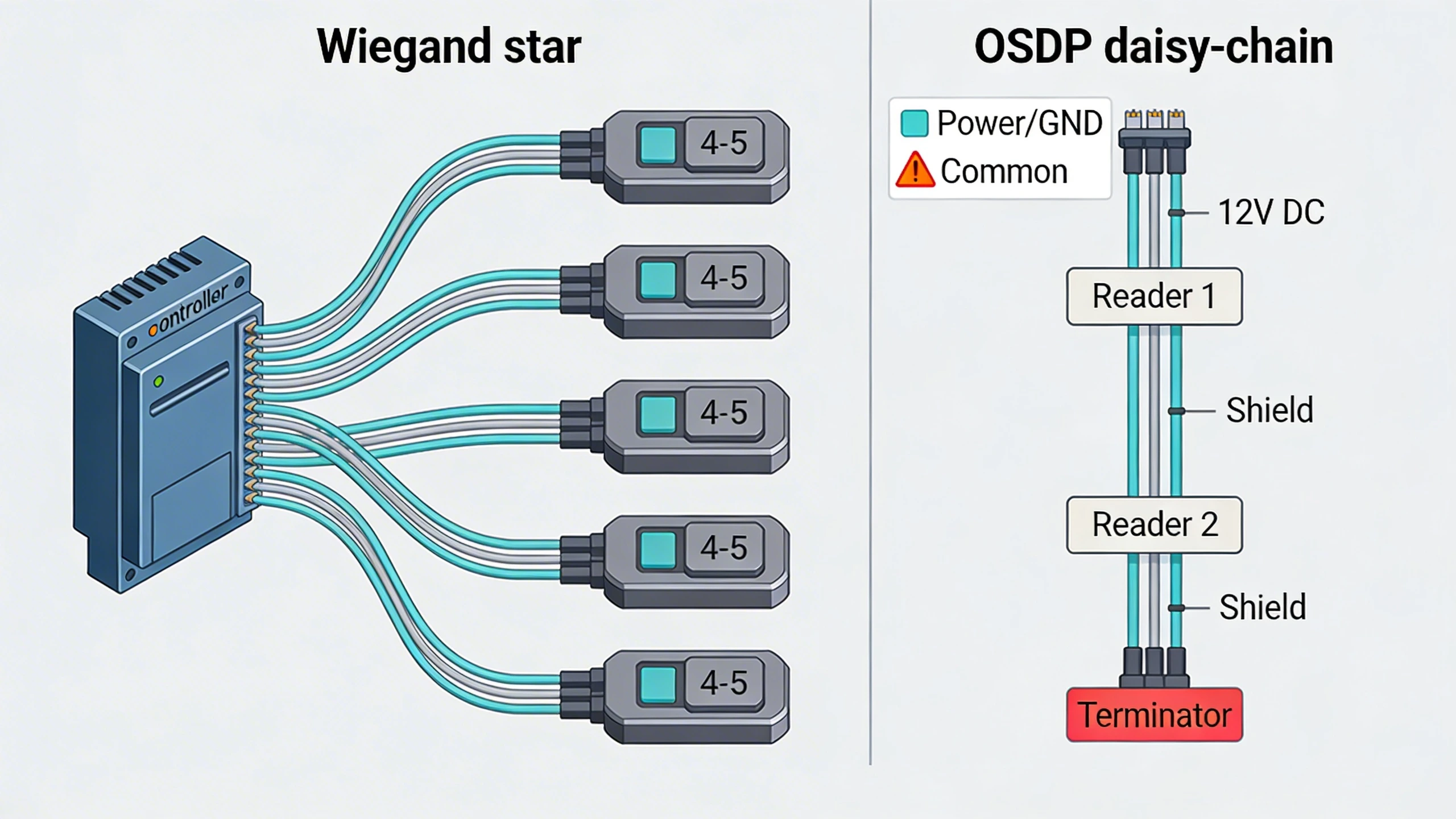 Wiegand star vs. OSDP daisy-chain wiring topology diagram
