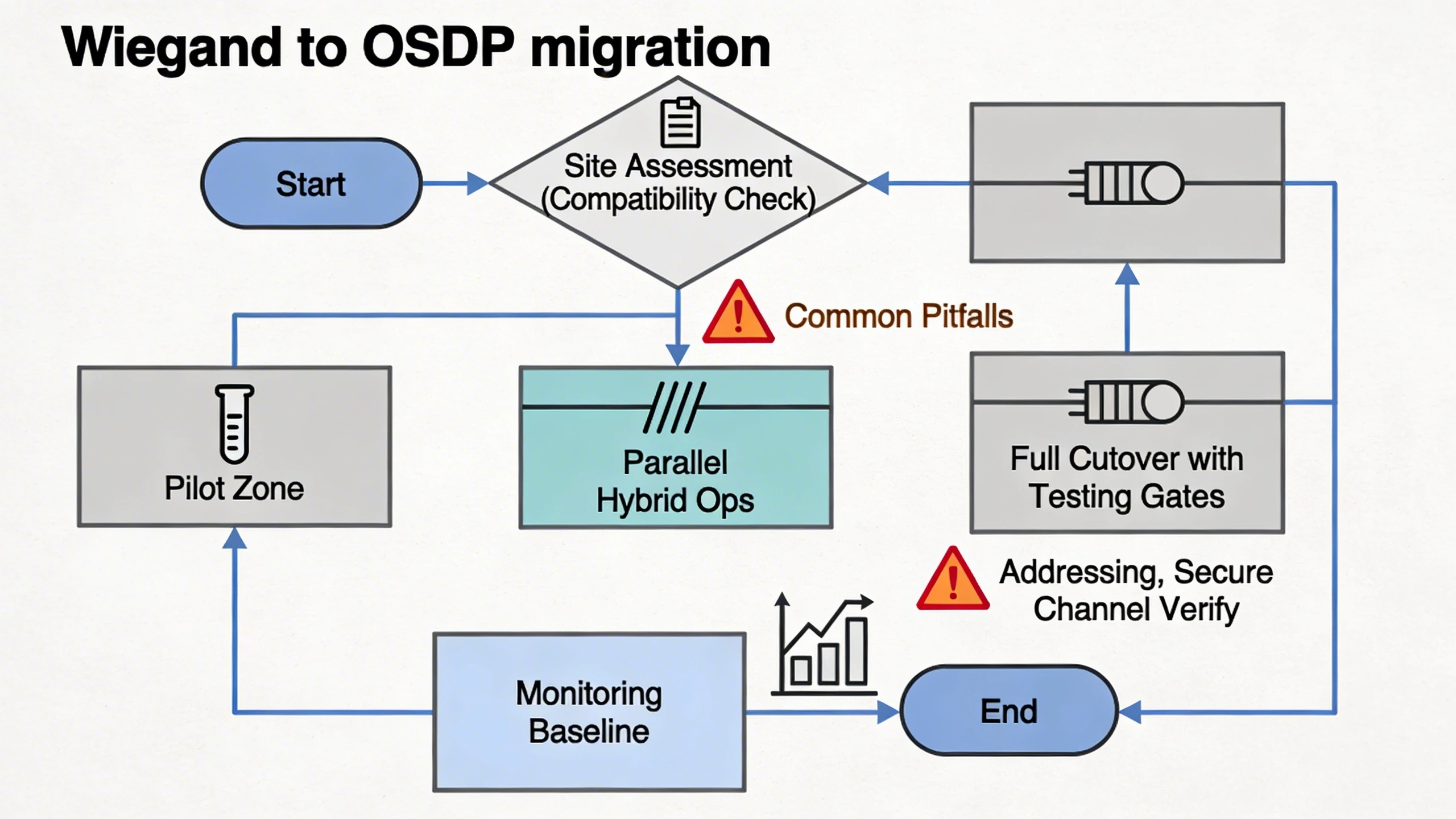 Step-by-step OSDP migration flowchart from Wiegand