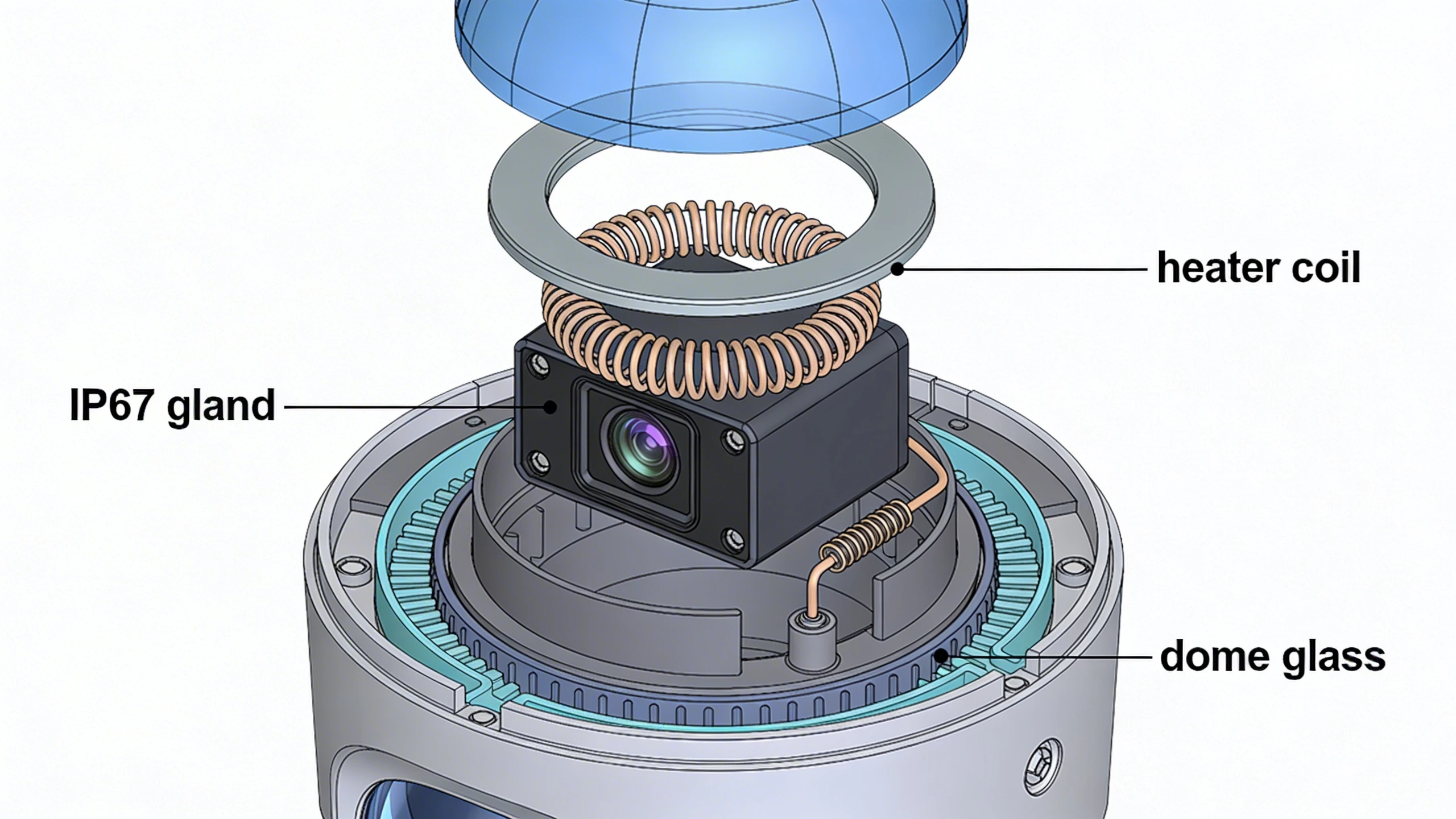 Cross-section of outdoor camera housing with integrated heater and IP seals