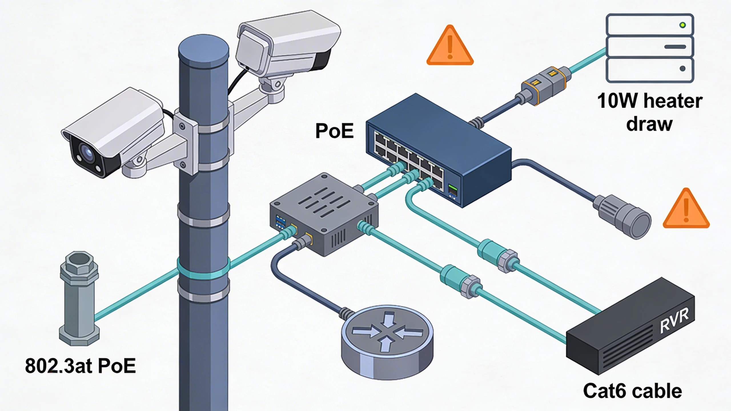 Wiring topology for outdoor cameras with heaters and PoE integration