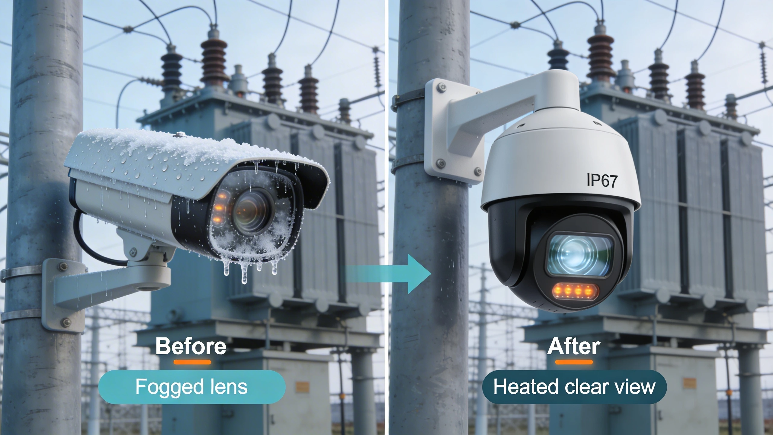 Migration diagram: unprotected vs housed outdoor cameras at utility site
