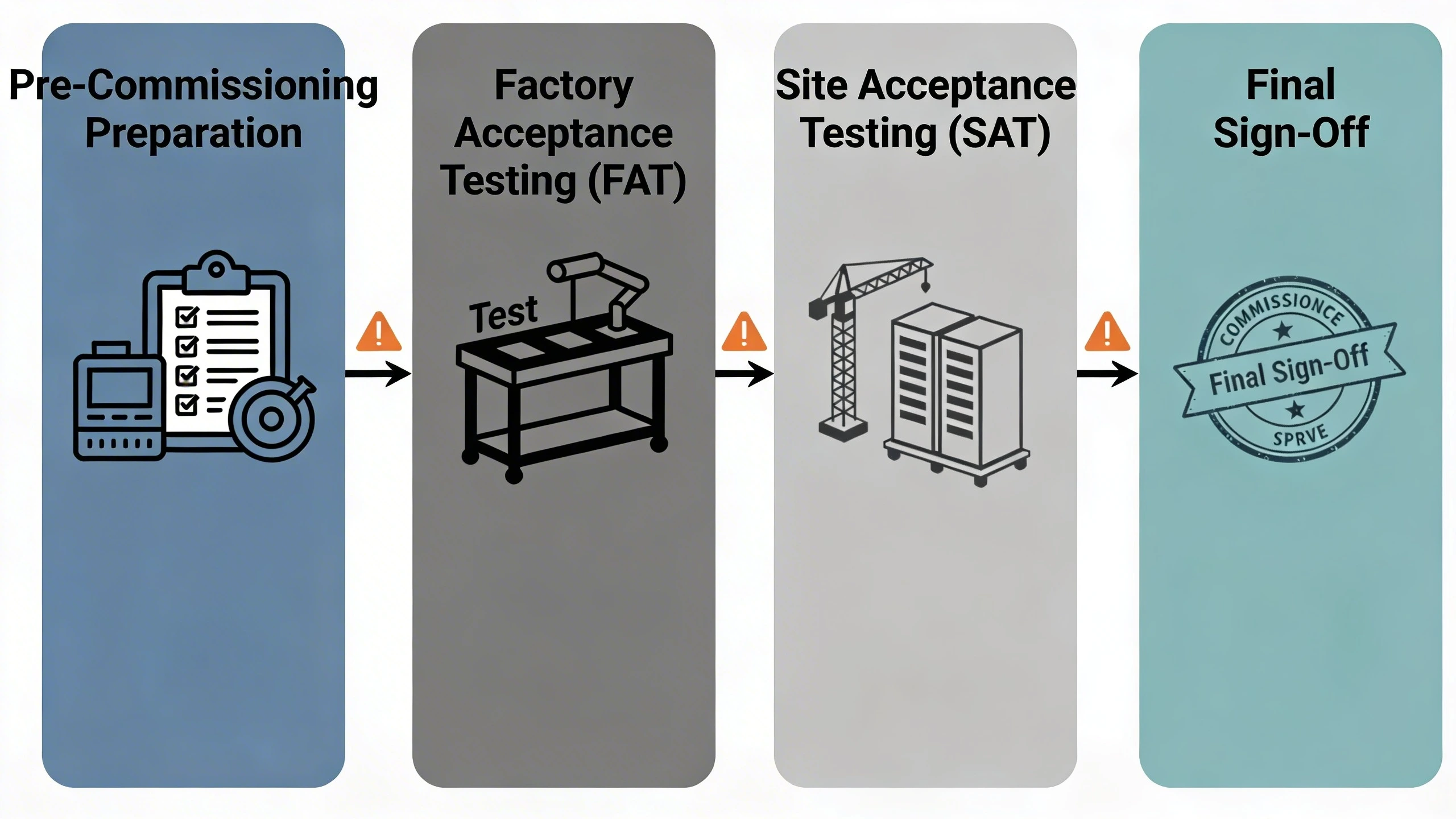 Commissioning workflow diagram from preparation to handover