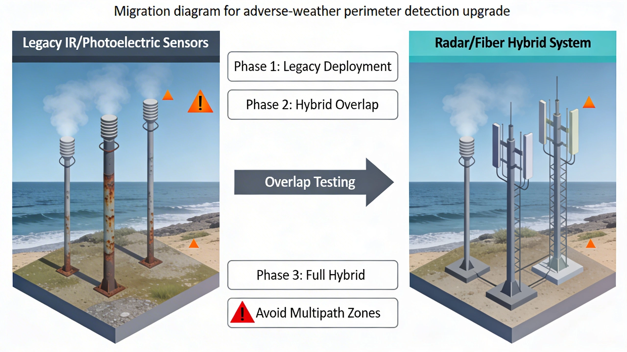 Migration diagram for adverse-weather perimeter detection upgrade