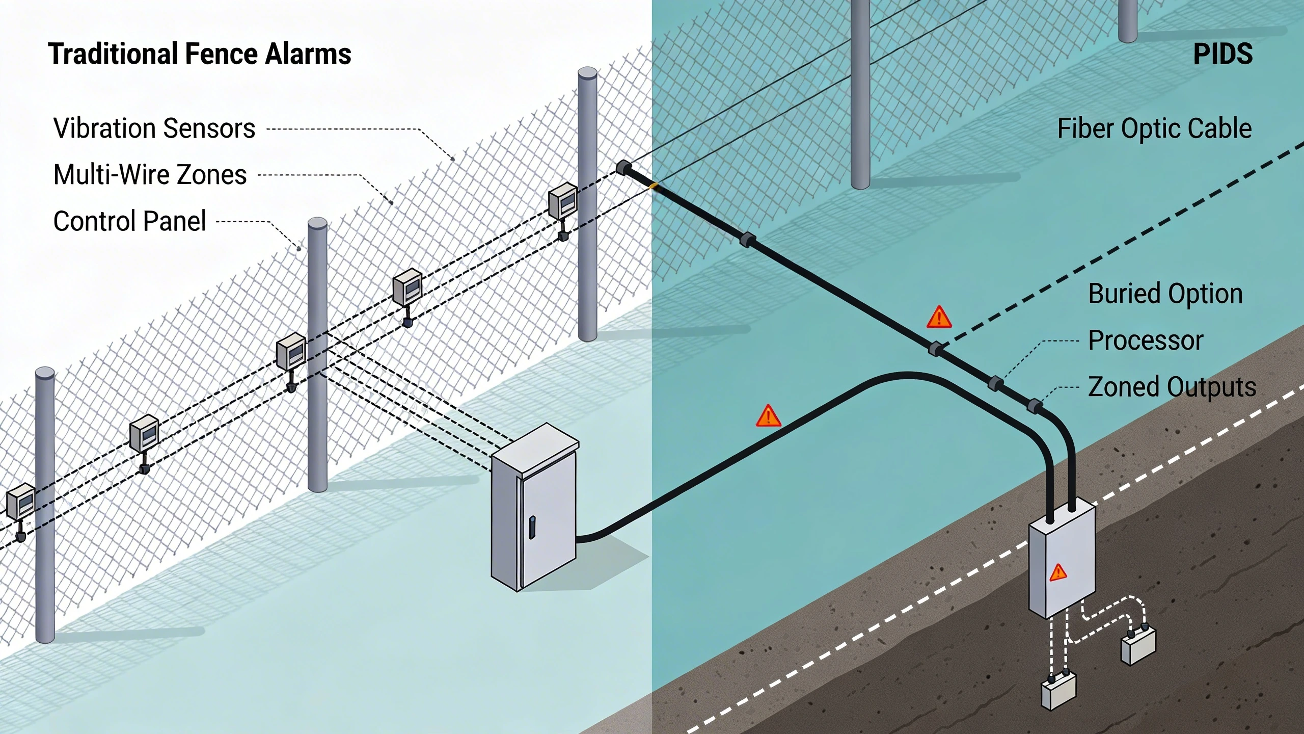 Diagram comparing topologies of traditional fence alarms and PIDS