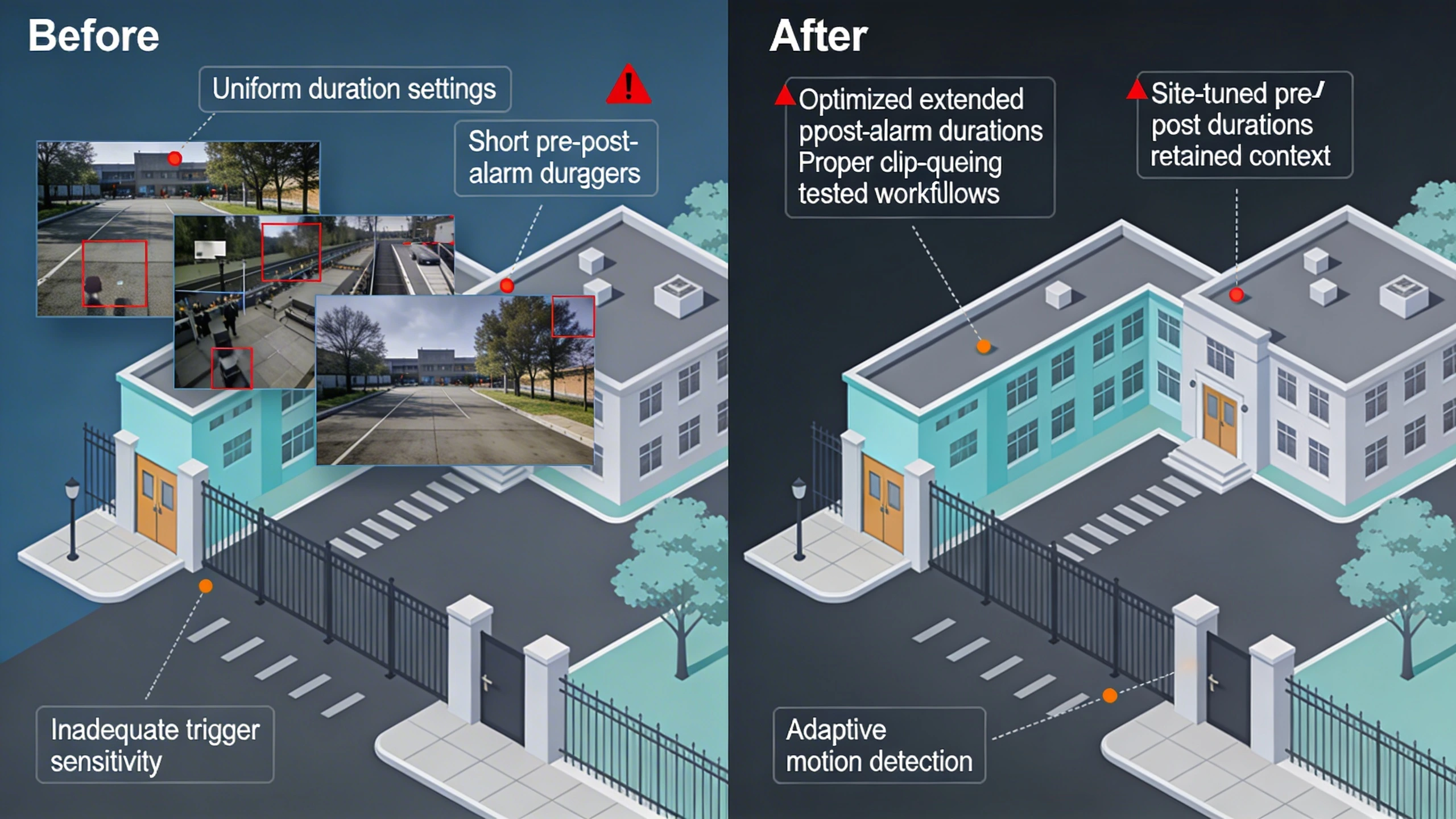 Before-and-after migration diagram highlighting common pre/post-alarm design failures and resolutions