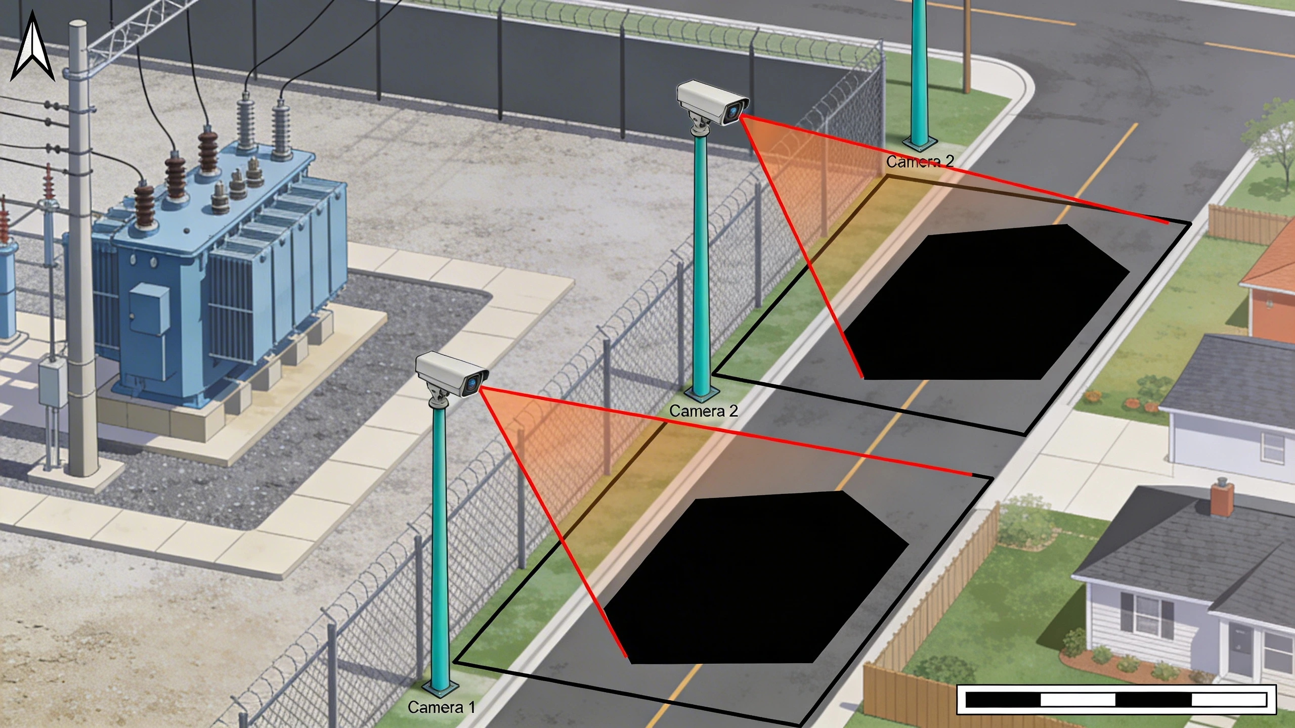 Perimeter camera fields of view at property boundary with sample privacy masks