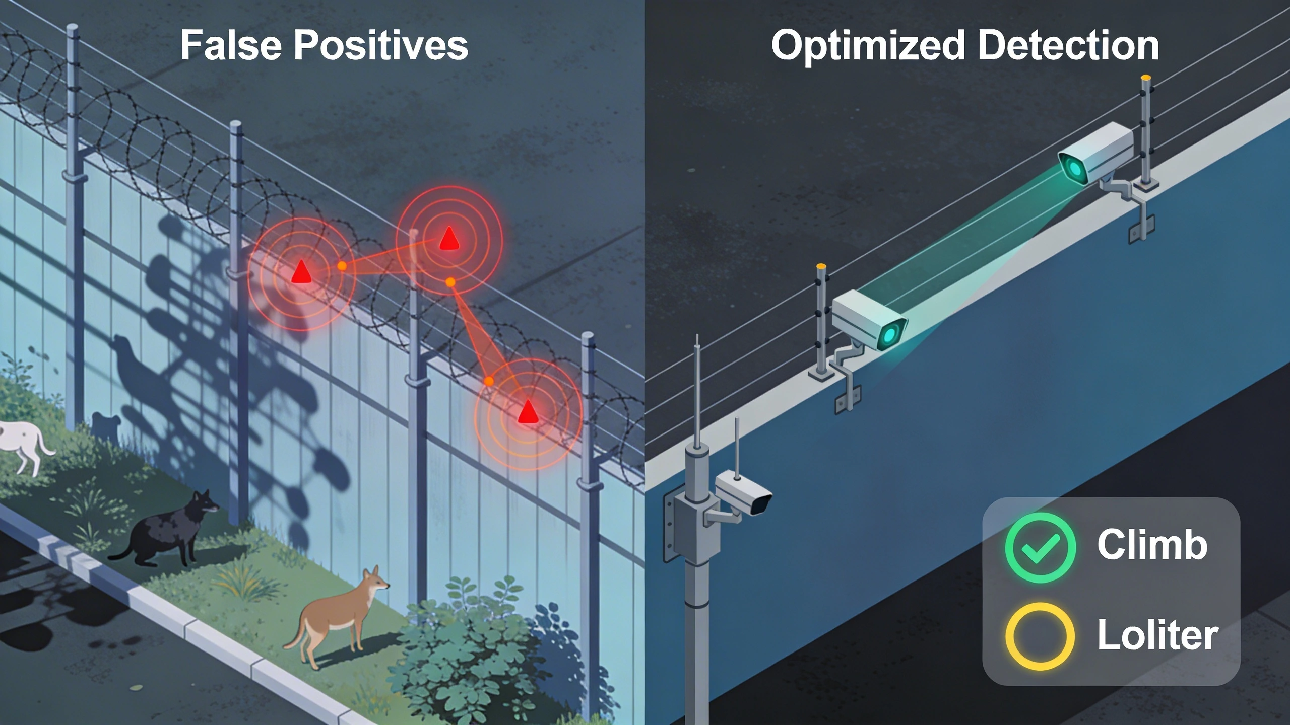 Before/after diagram of false positive reduction in fence-line analytics