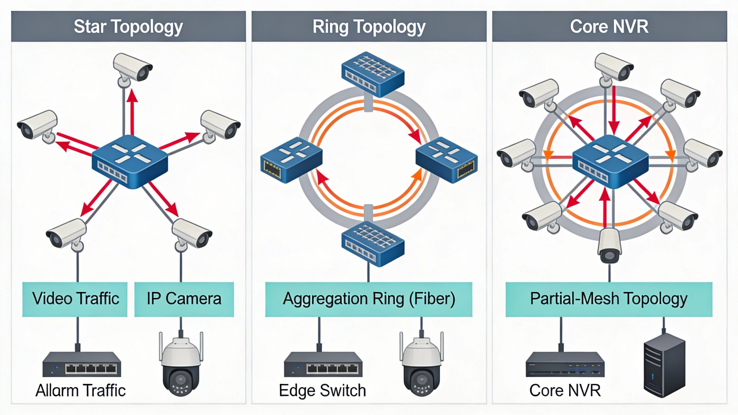 Comparison of security network redundancy topologies: star, ring, and mesh