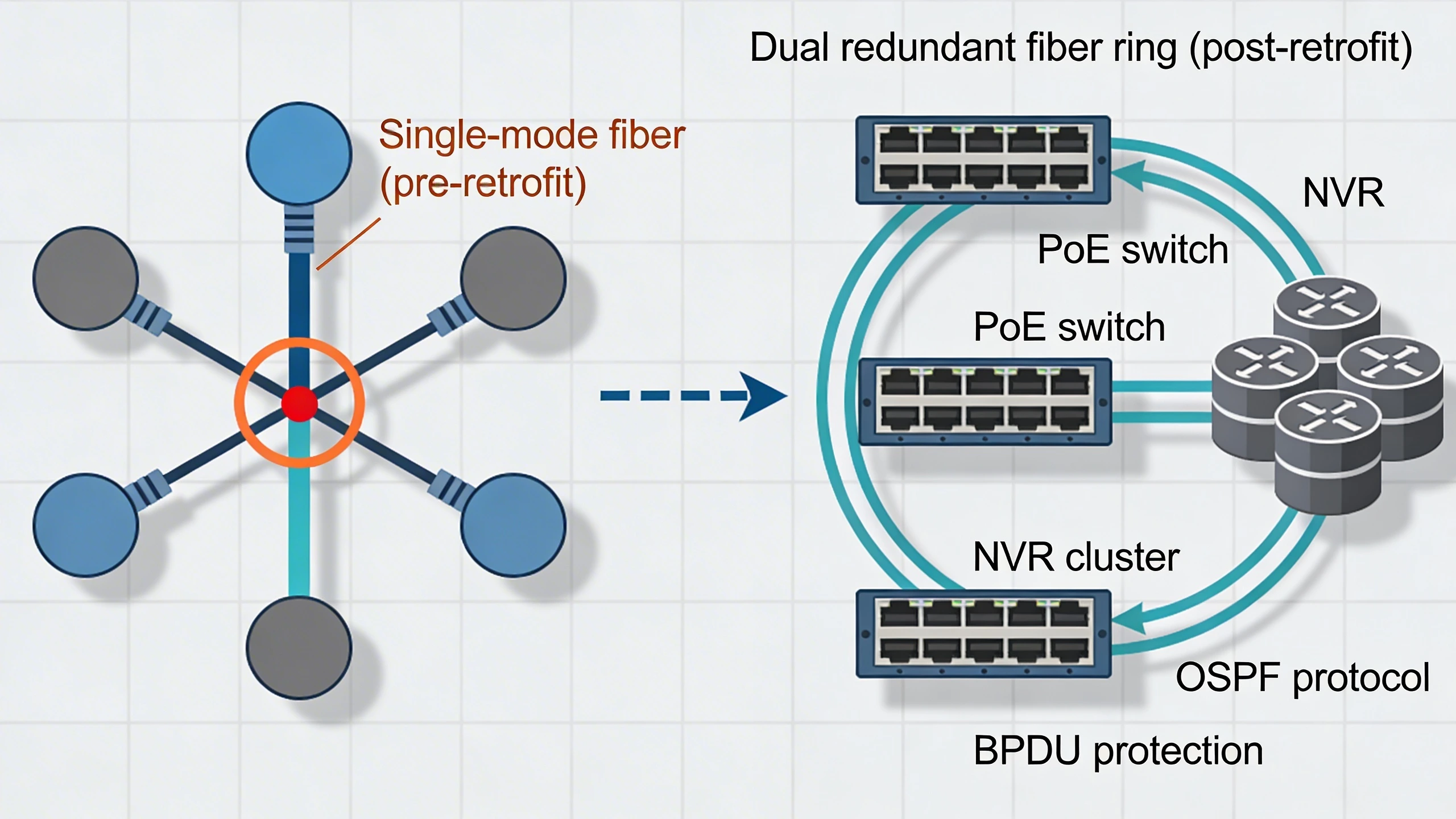 Migration diagram: upgrading campus security network from single path to redundant ring topology