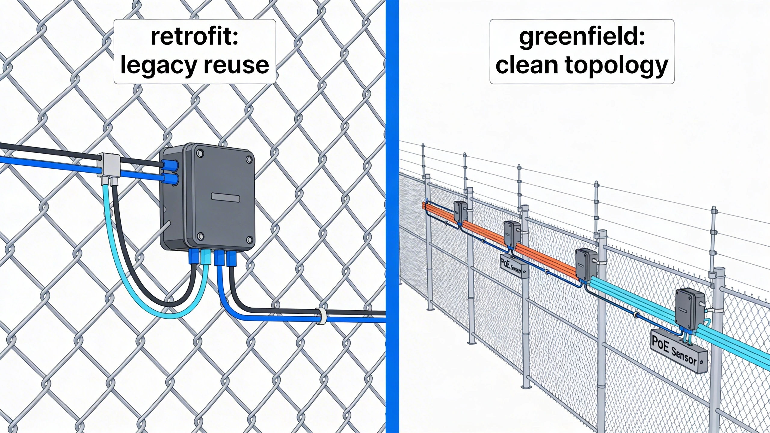Diagram comparing retrofit and greenfield perimeter detection setups on industrial fences
