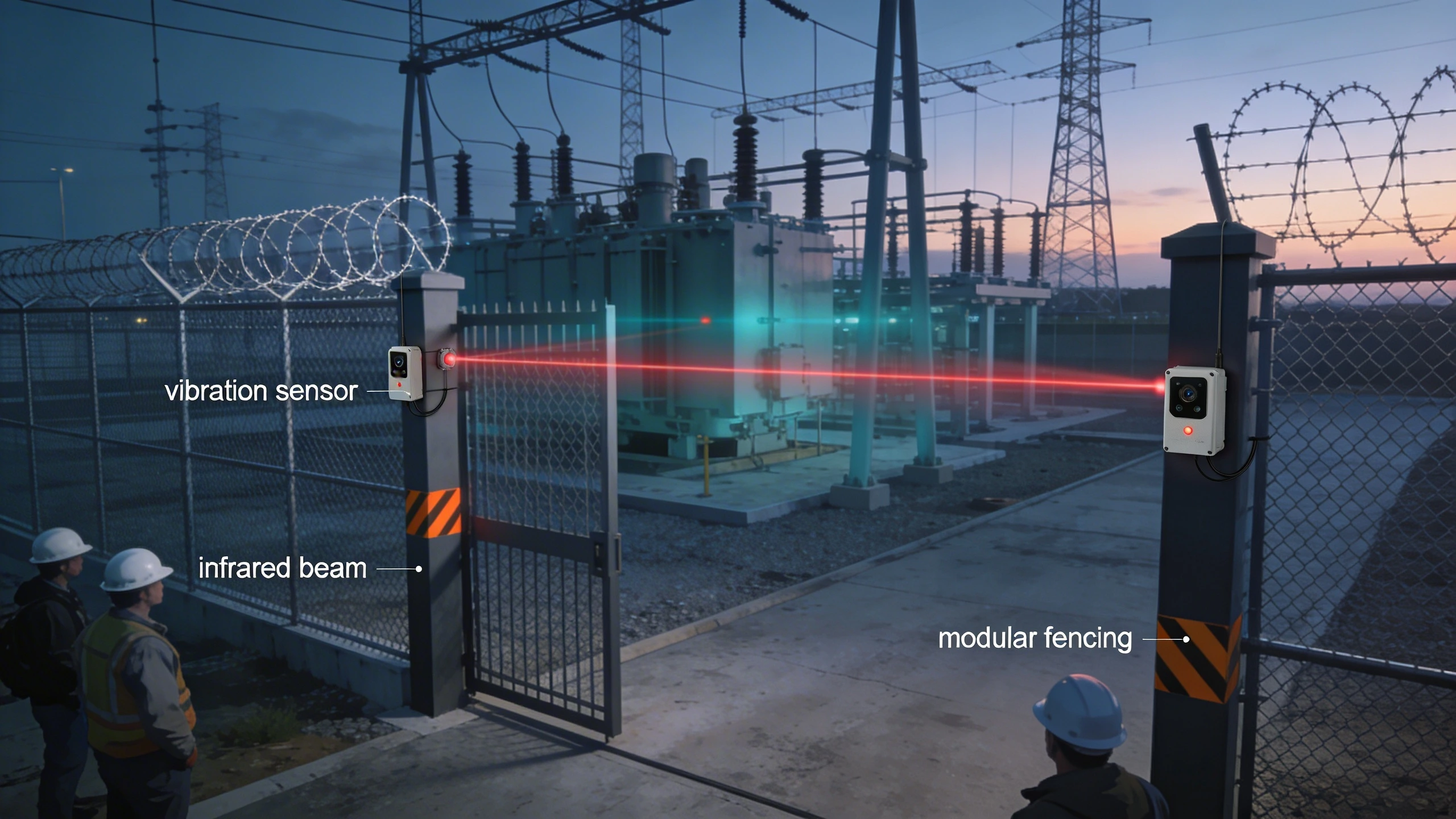 Temporary fencing with sensors on a substation construction site