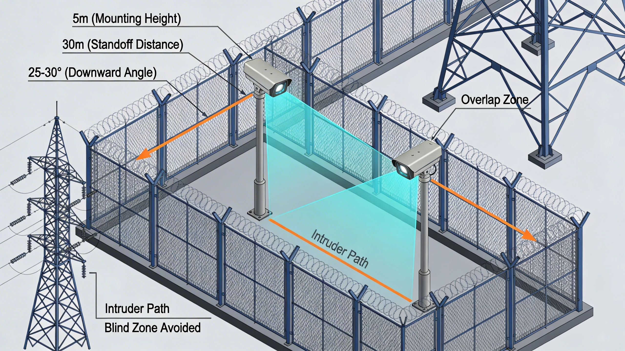 Diagram of thermal camera perimeter mounting topology with heights and standoff distances