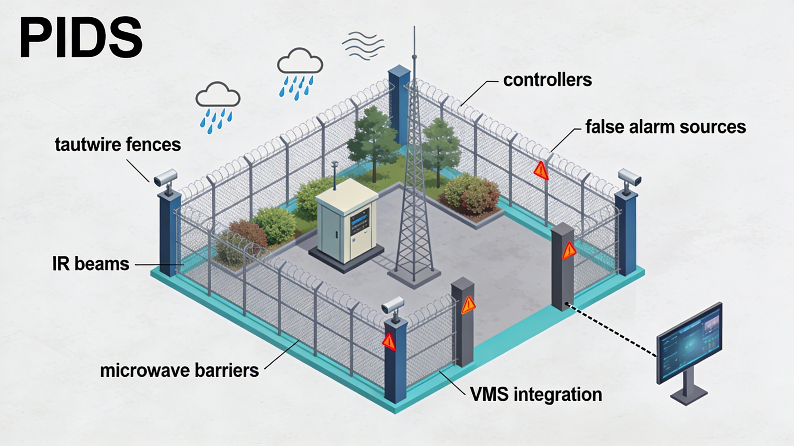 Utility site PIDS topology diagram highlighting common false alarm triggers