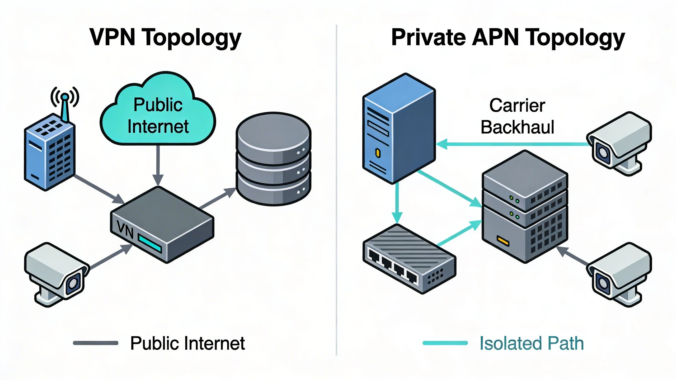 High-level topology: VPN over public links vs private APN isolation