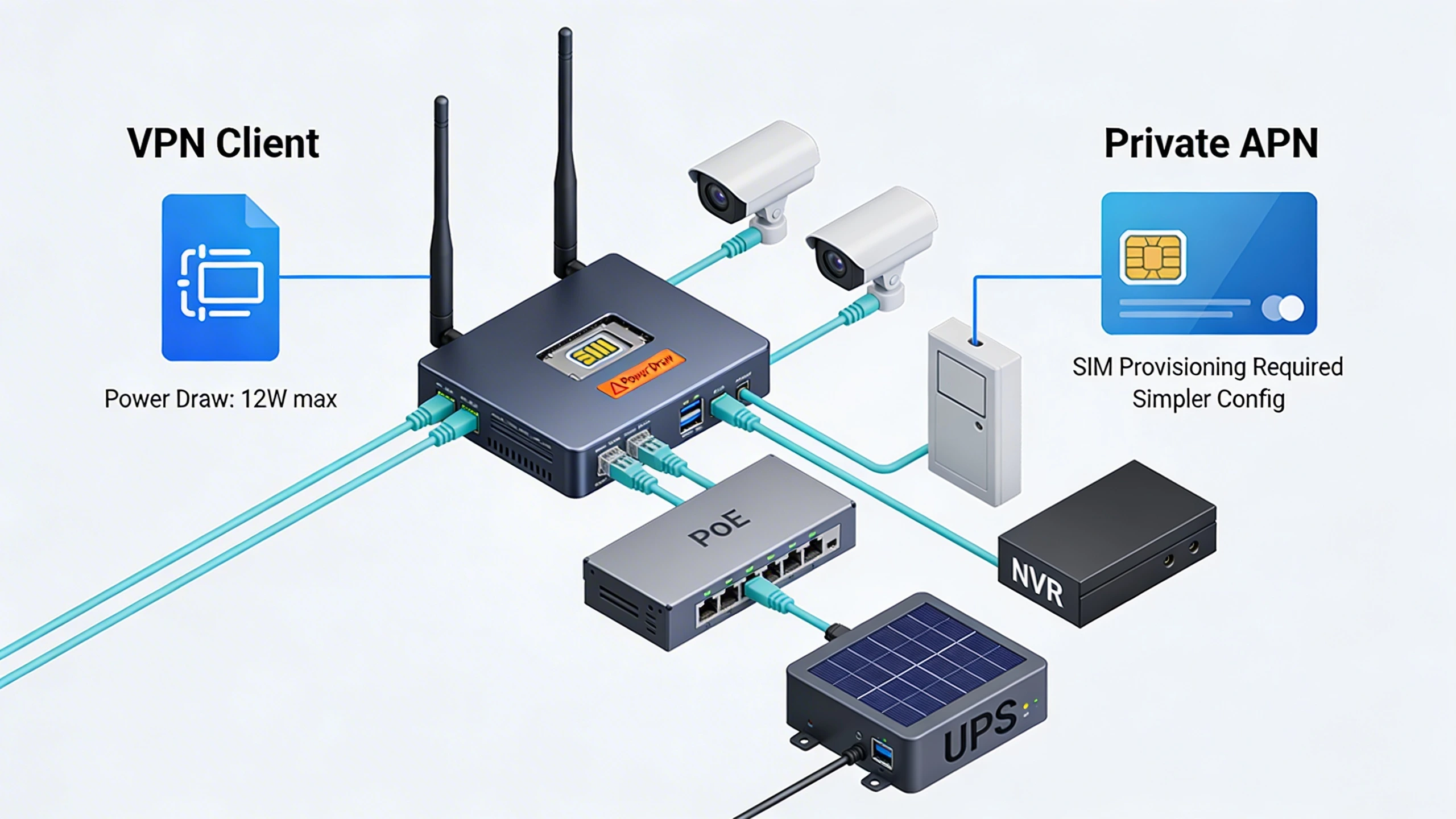 On-site wiring diagram comparing VPN and private APN setups