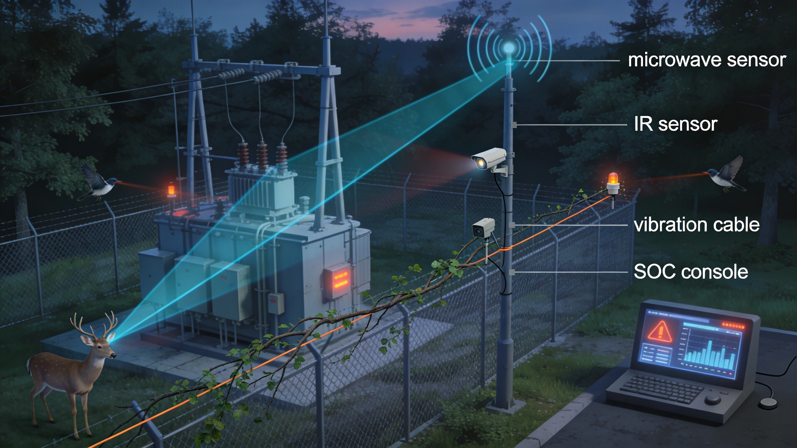Diagram of wildlife nuisance alarms on a utility perimeter fence
