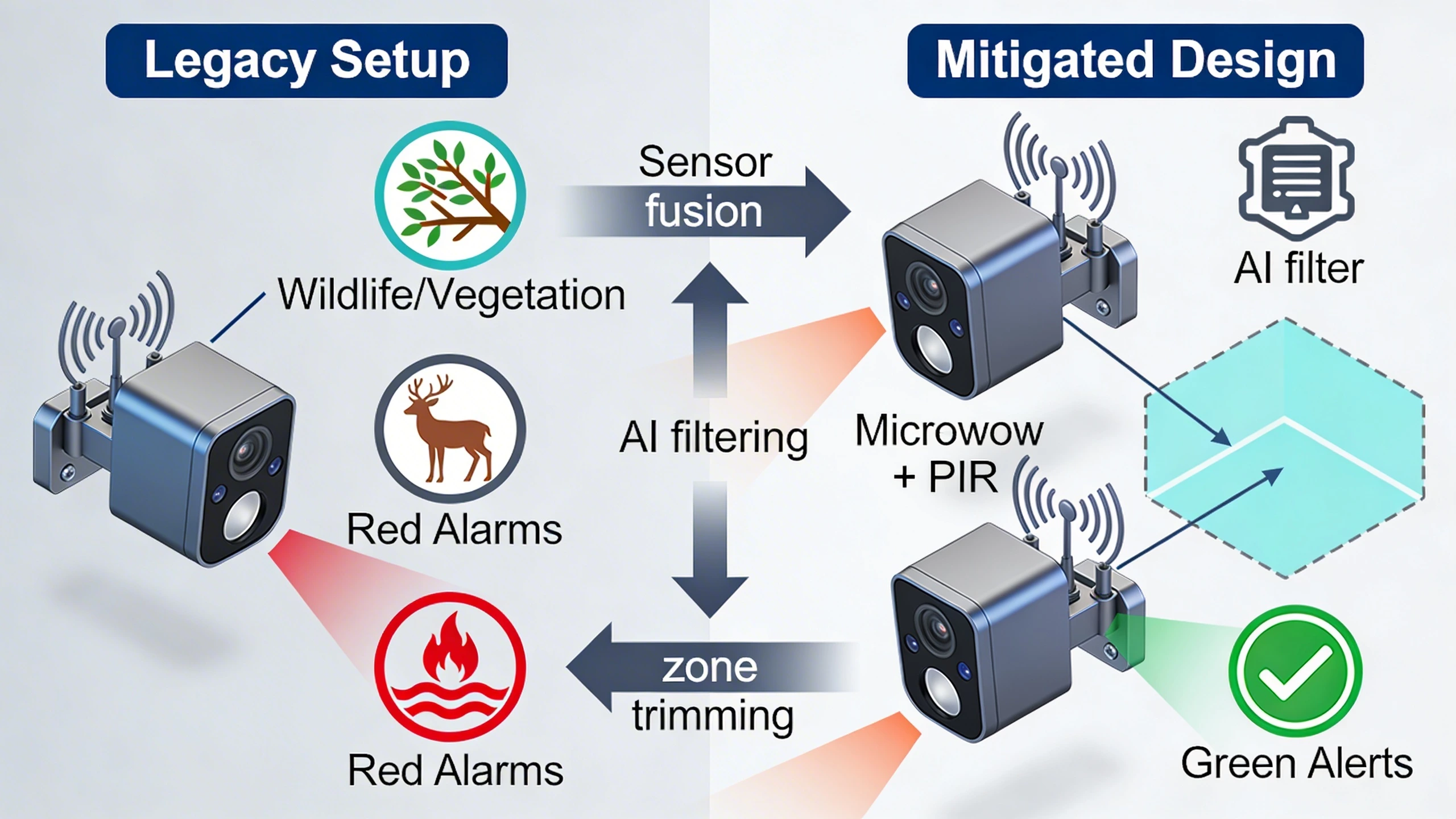 Before-and-after migration diagram for perimeter nuisance alarm reduction