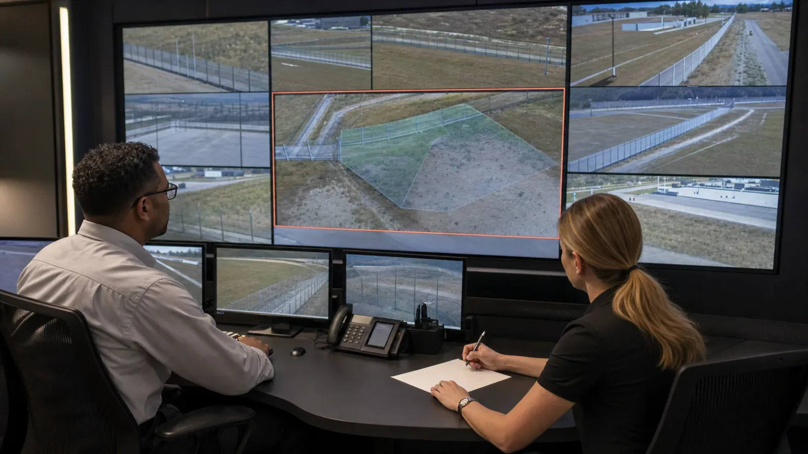 Control-room operators verifying an unannounced perimeter test alarm