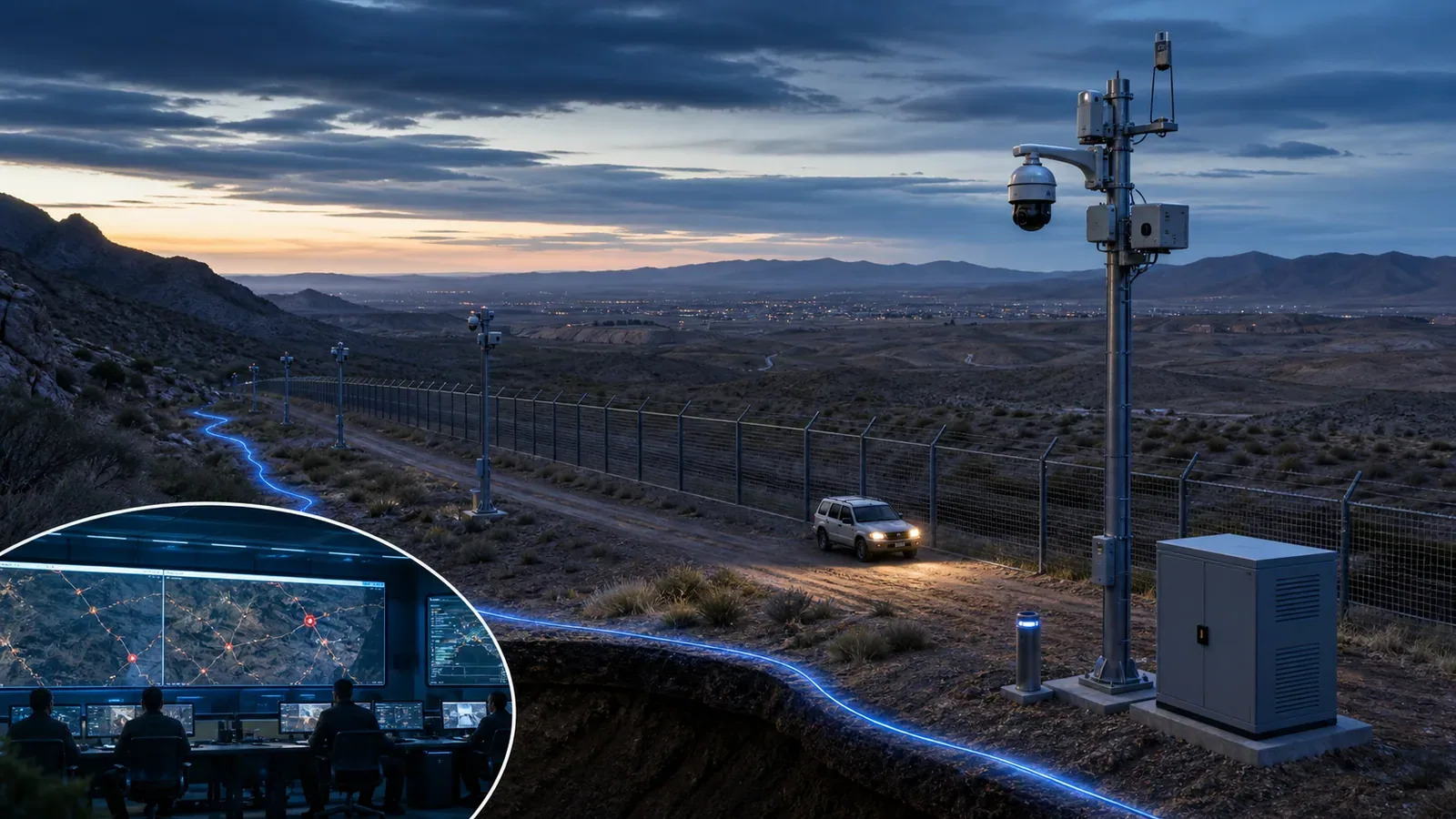 Remote border corridor with fiber sensing, camera verification, and SOC alarm mapping