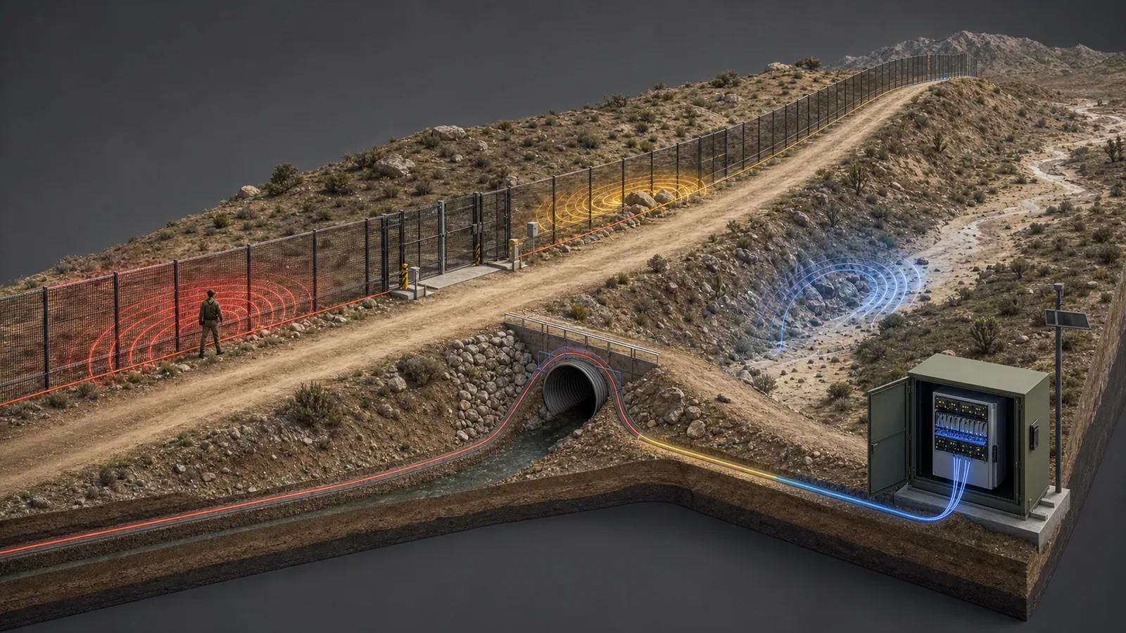 Border DAS route design across fence lines, roads, culverts, gates, and mixed terrain