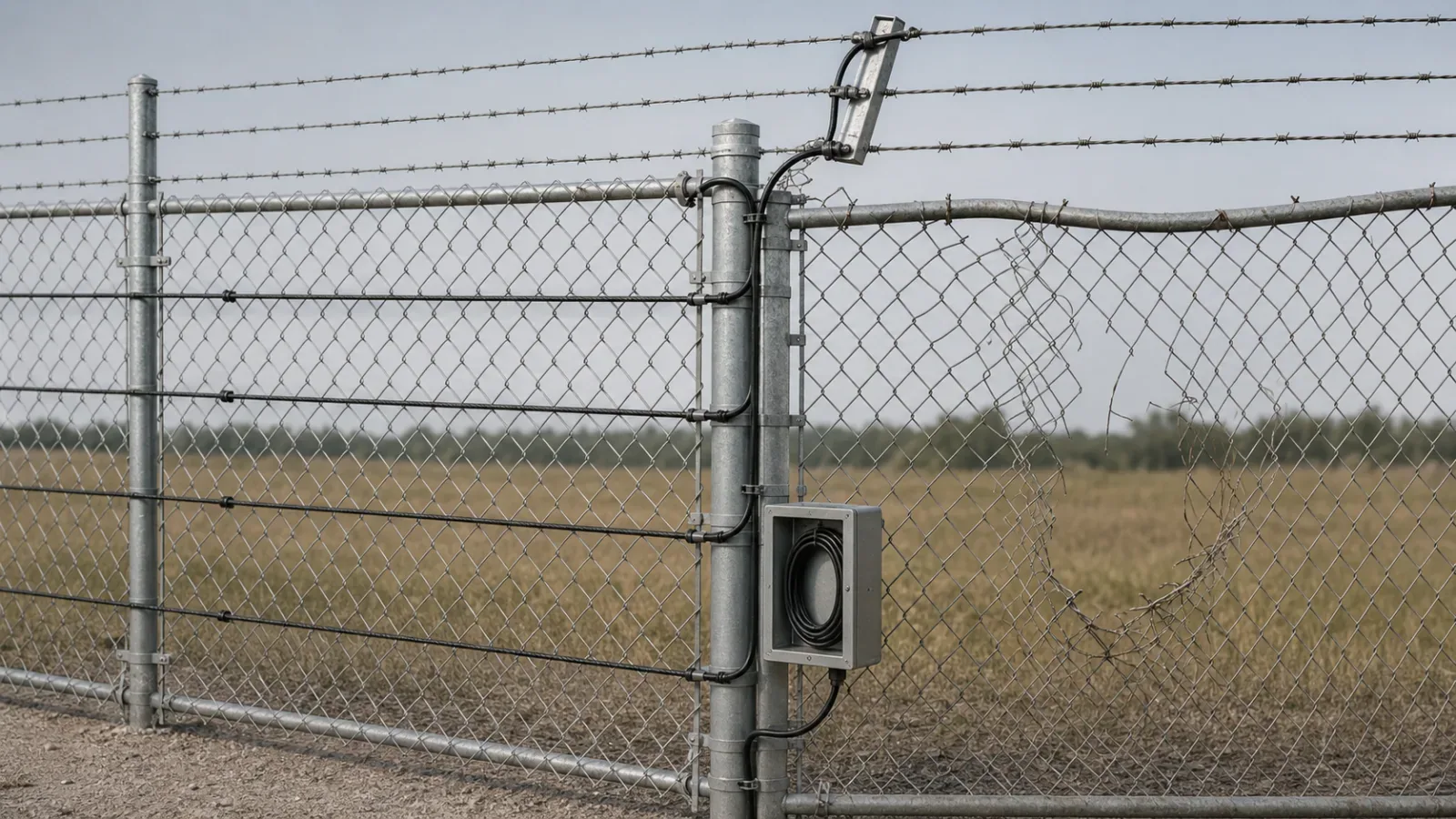 Fiber PIDS cable paths across sound and damaged chain-link fence bays, posts, and barbed-wire topping