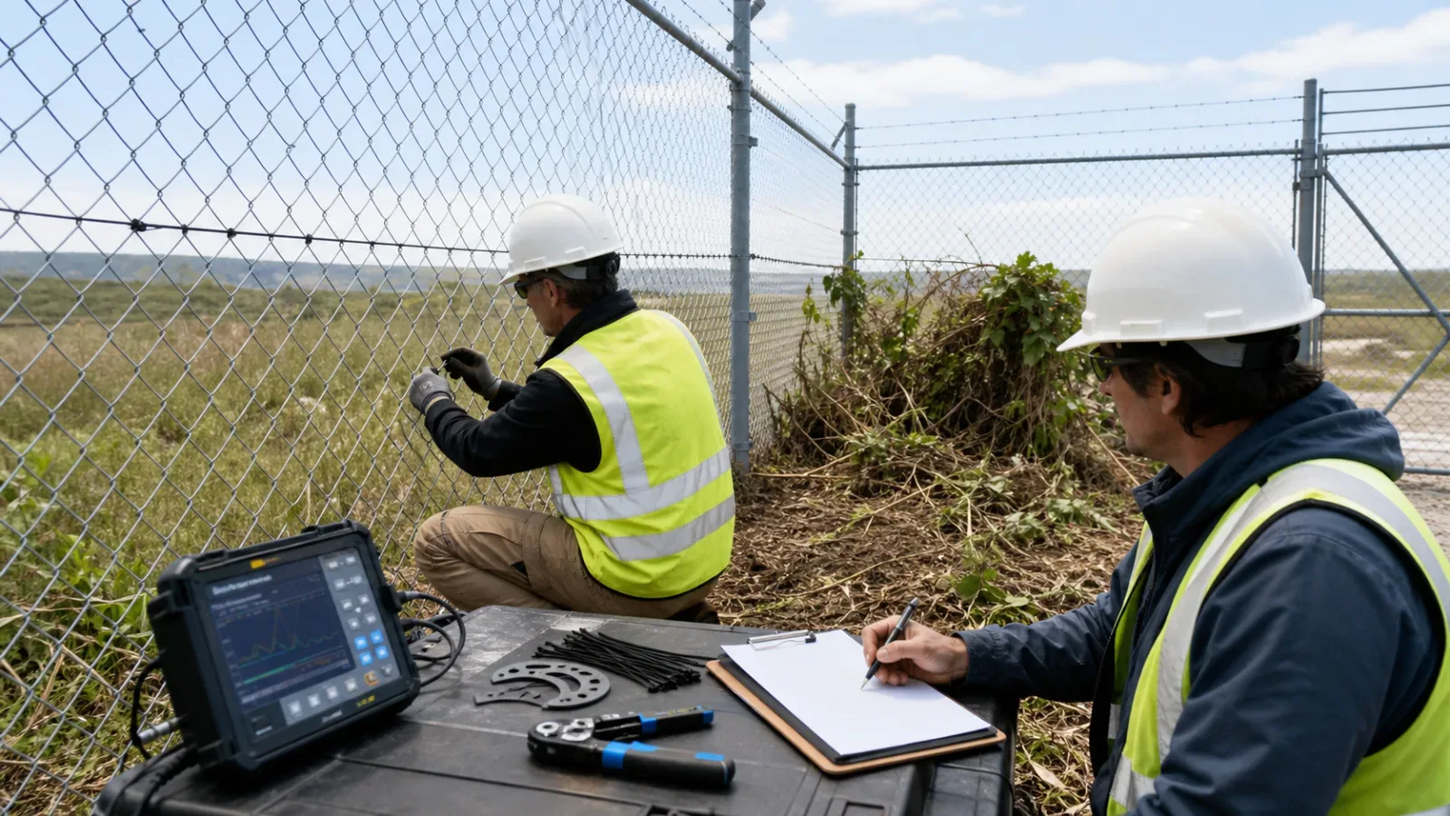 Engineers inspecting chain-link fiber PIDS attachment, vegetation clearance, tools, and test evidence
