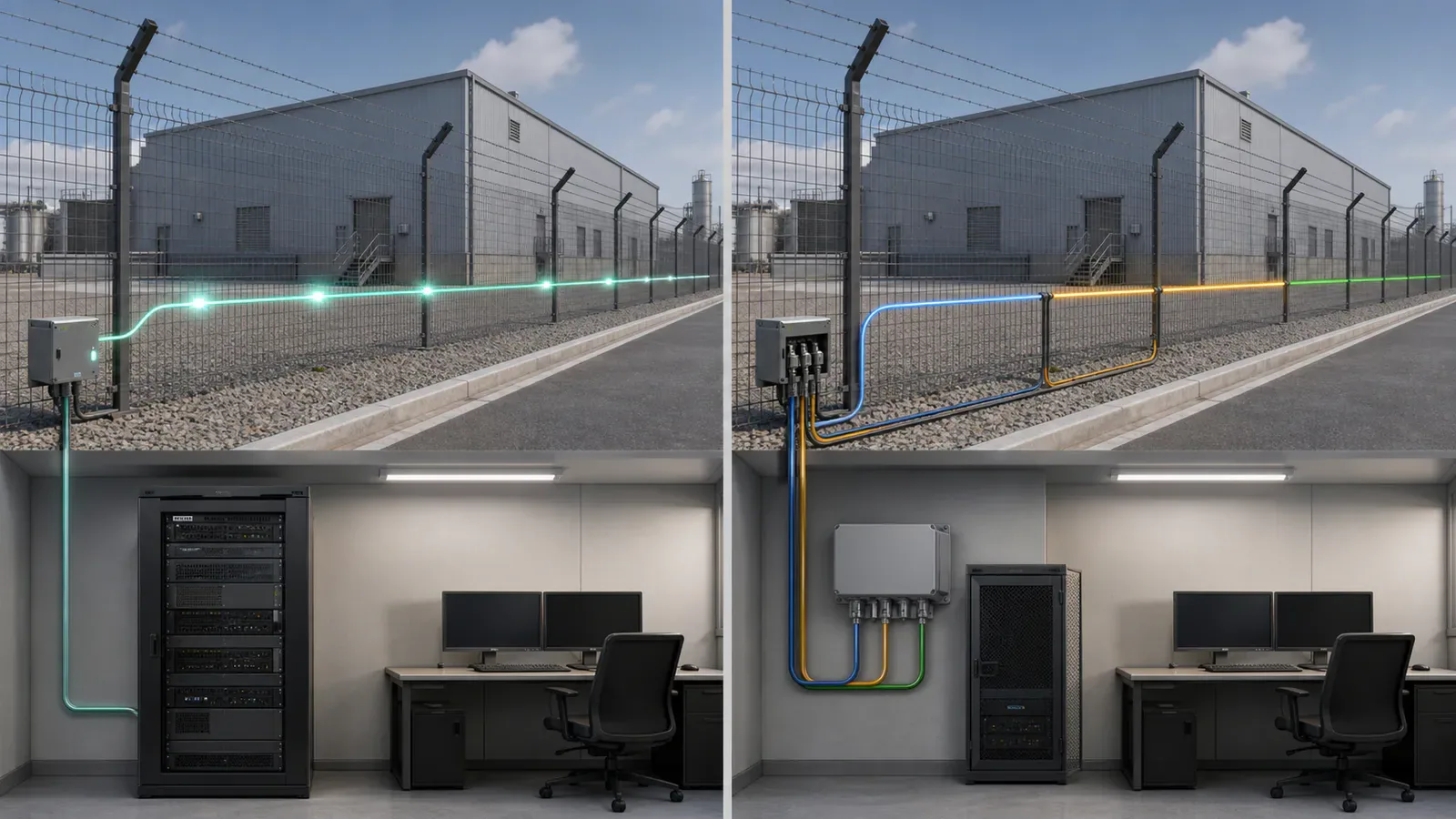 Continuous DAS and zone-based perimeter detection architectures shown on the same industrial site