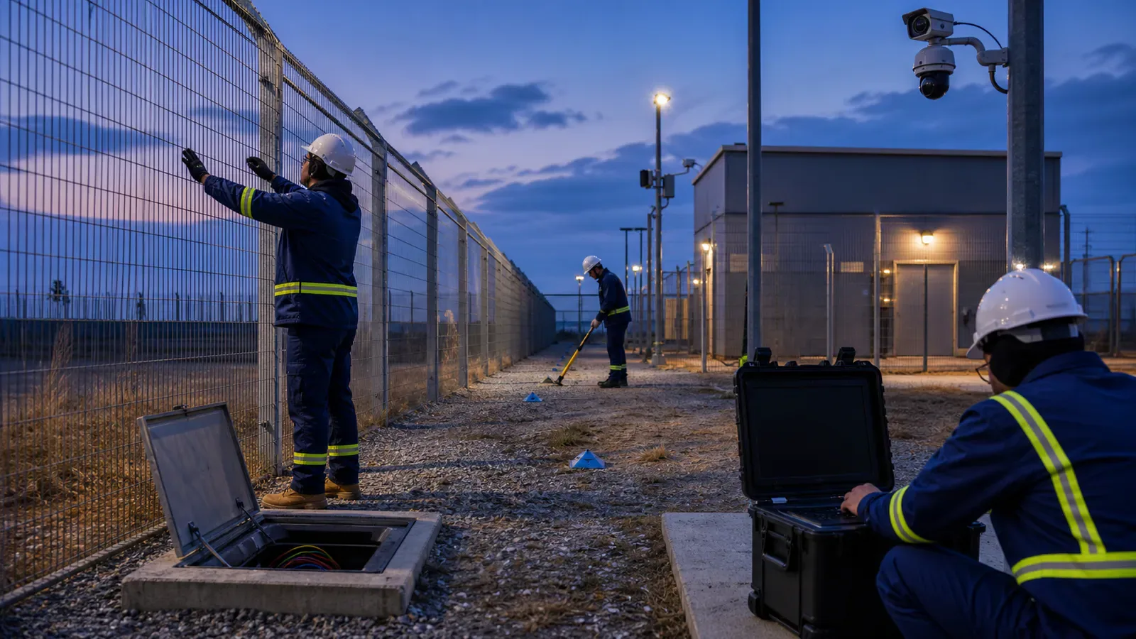 Technicians running controlled fence and buried-route tests during a dark-fiber DAS proof of concept