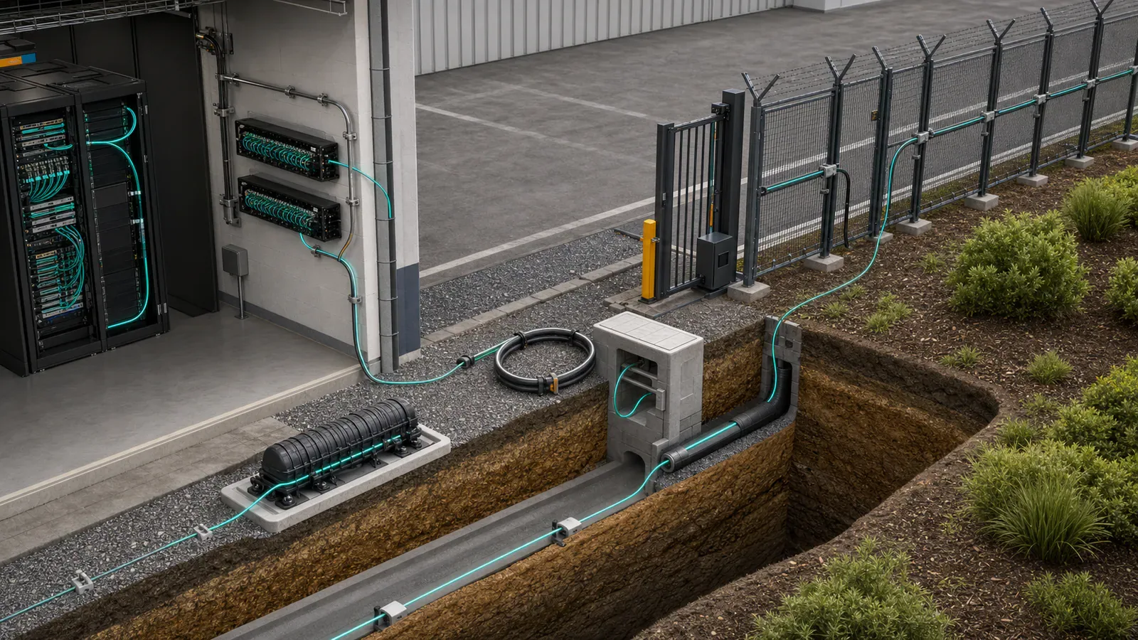 Existing fiber route passing through patch panels, splice closures, loops, duct, gate, and perimeter sections