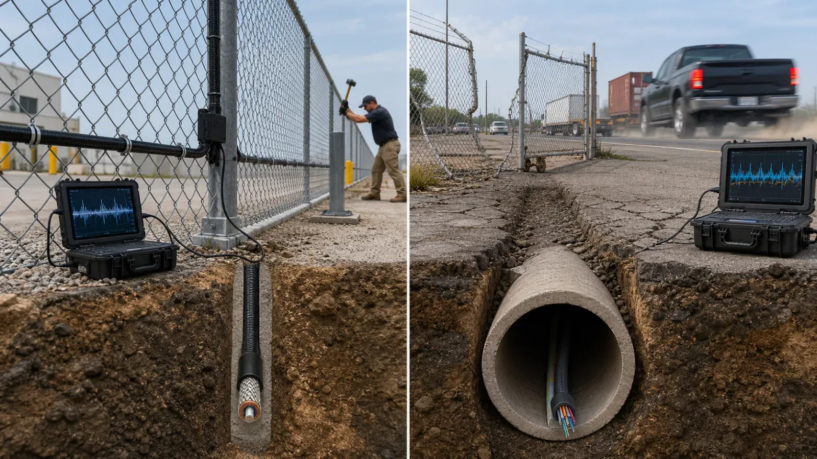 Comparison of well-coupled fence fiber and a poorly aligned telecom conduit near traffic and a gate