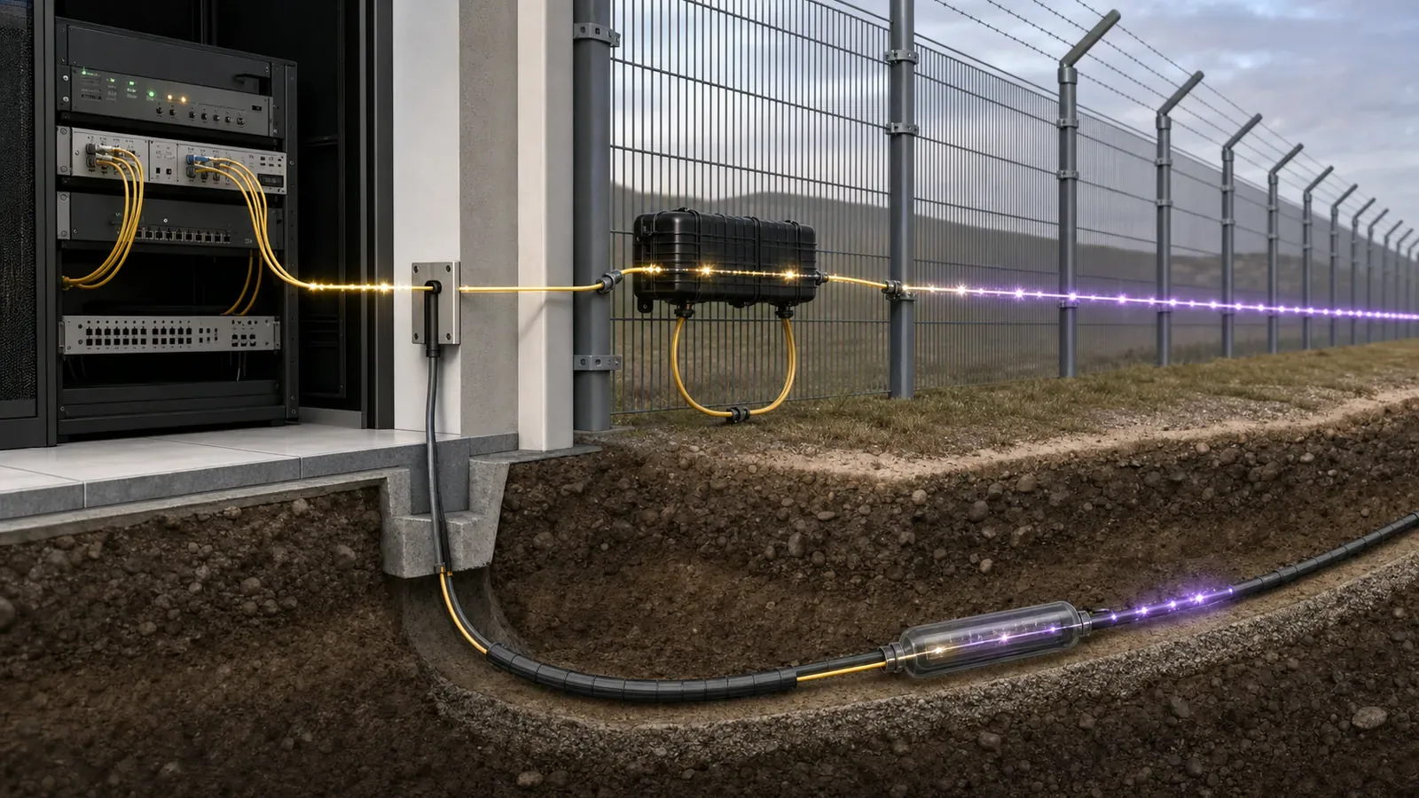 DAS interrogator and optical fiber path across fence-mounted and buried sensing sections