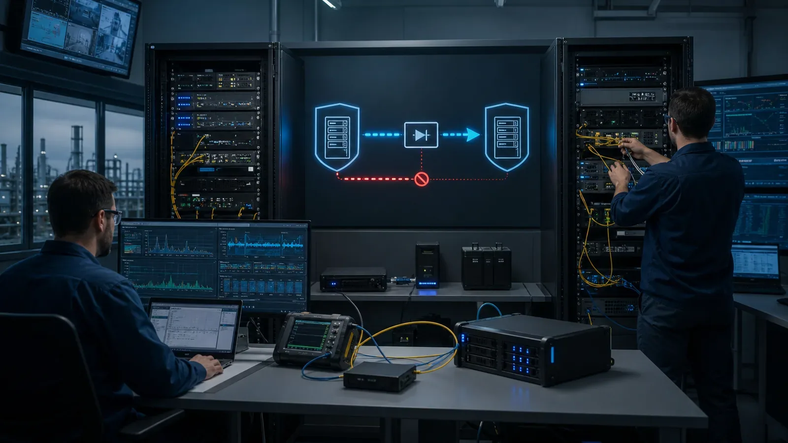 Acceptance test bench for one-way gateway failover backlog and blocked reverse path