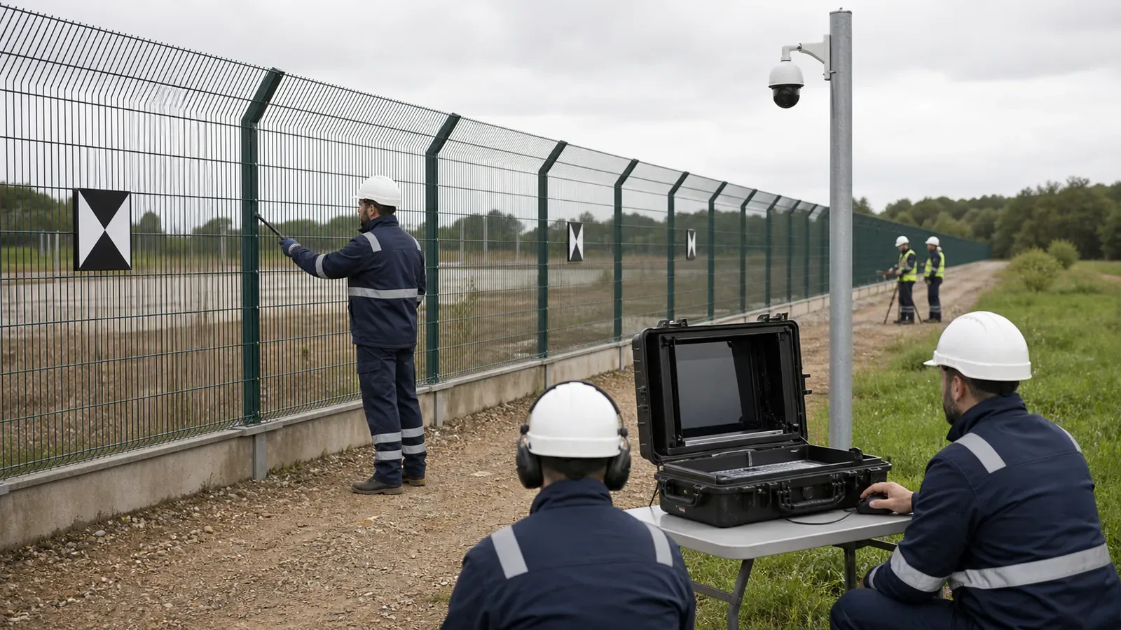 Commissioning team running a fiber PIDS localization field test with PTZ camera verification
